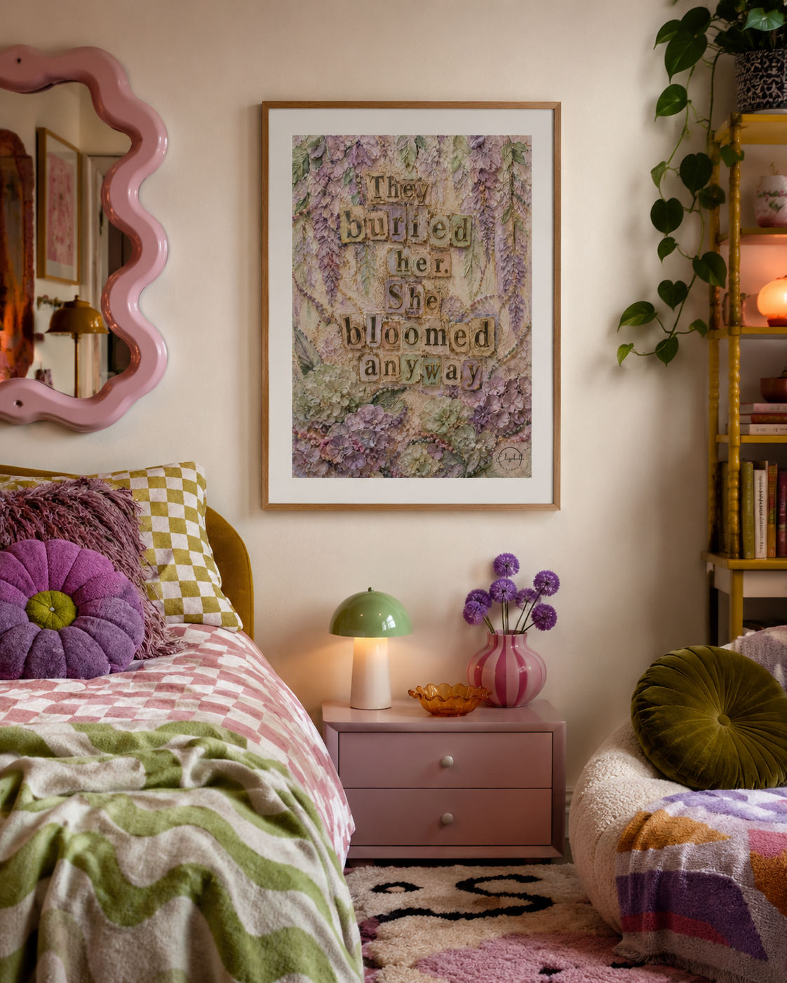 Resilient feminist wall art with pastel florals & vintage style. A powerful giclée print for strong women. Set in a feminine pop art bedroom