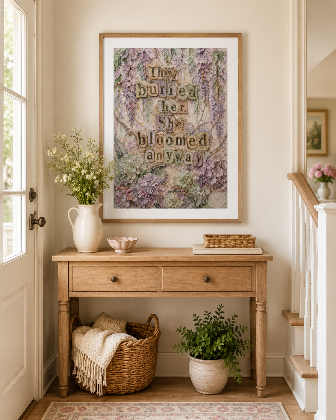 Resilient feminist wall art with pastel florals & vintage style