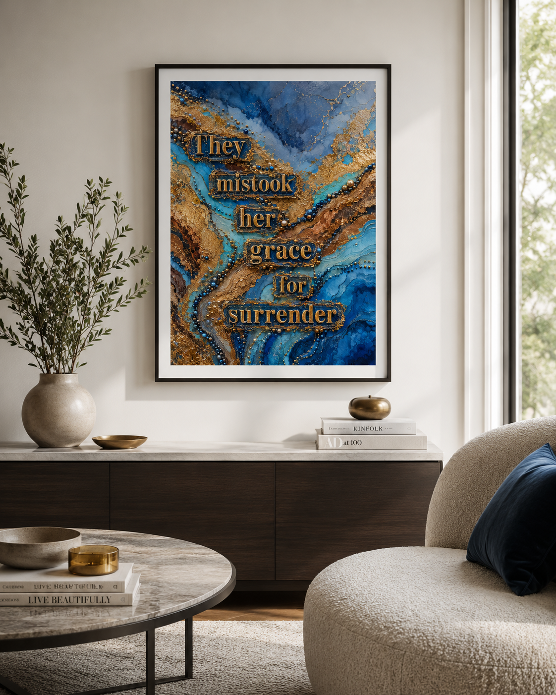Feminist wall art for the woman mistaken for soft. Giclee print, matte finish, free worldwide shipping. In a dining room 