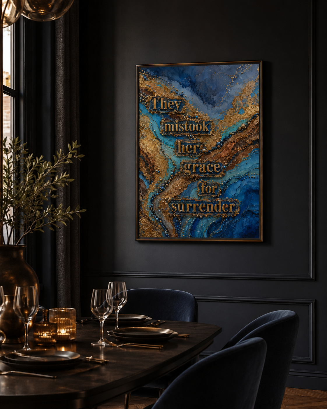 Feminist wall art for the woman mistaken for soft. Giclee print, matte finish, free worldwide shipping. Sizes A4–A1. Meaningful gift for her. in a dining room 