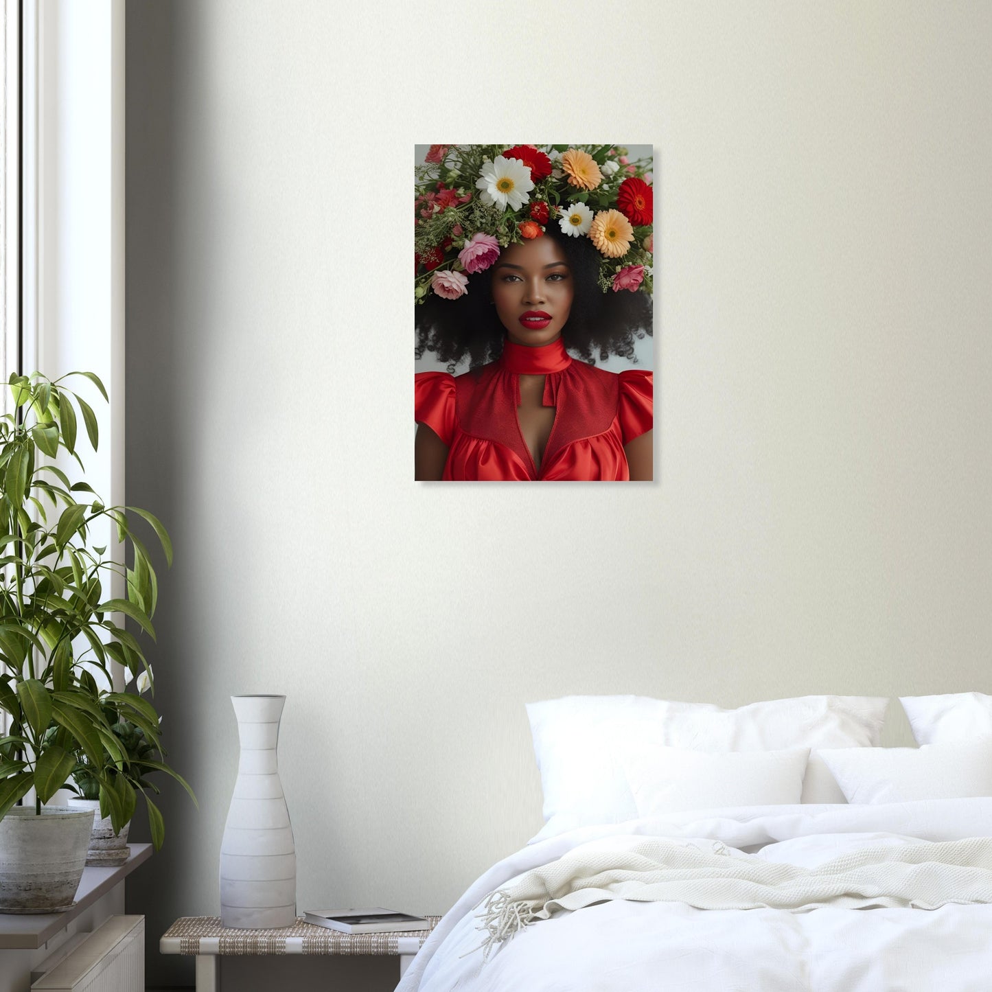 A vertical wall art print depicting a woman with a vibrant red dress and a colorful flower crown, displayed on a light beige wall above a bed in a modern, sunlit bedroom.