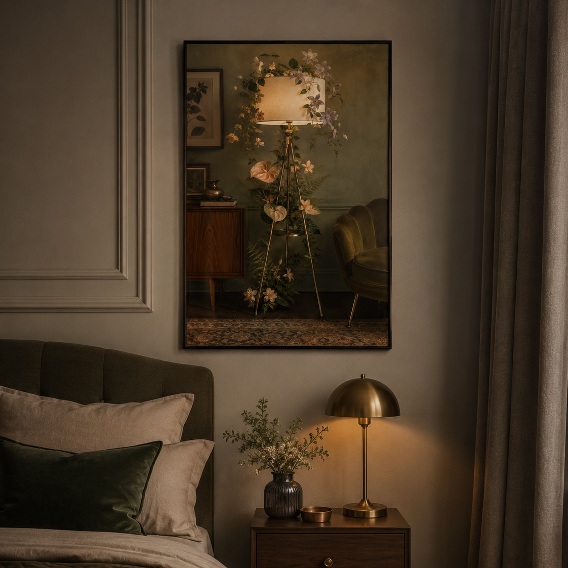 A framed art print depicting a vintage floral lamp and floor chair in a muted green room, styled in a warm, dark-toned bedroom above a wooden nightstand with a lit brass table lamp.