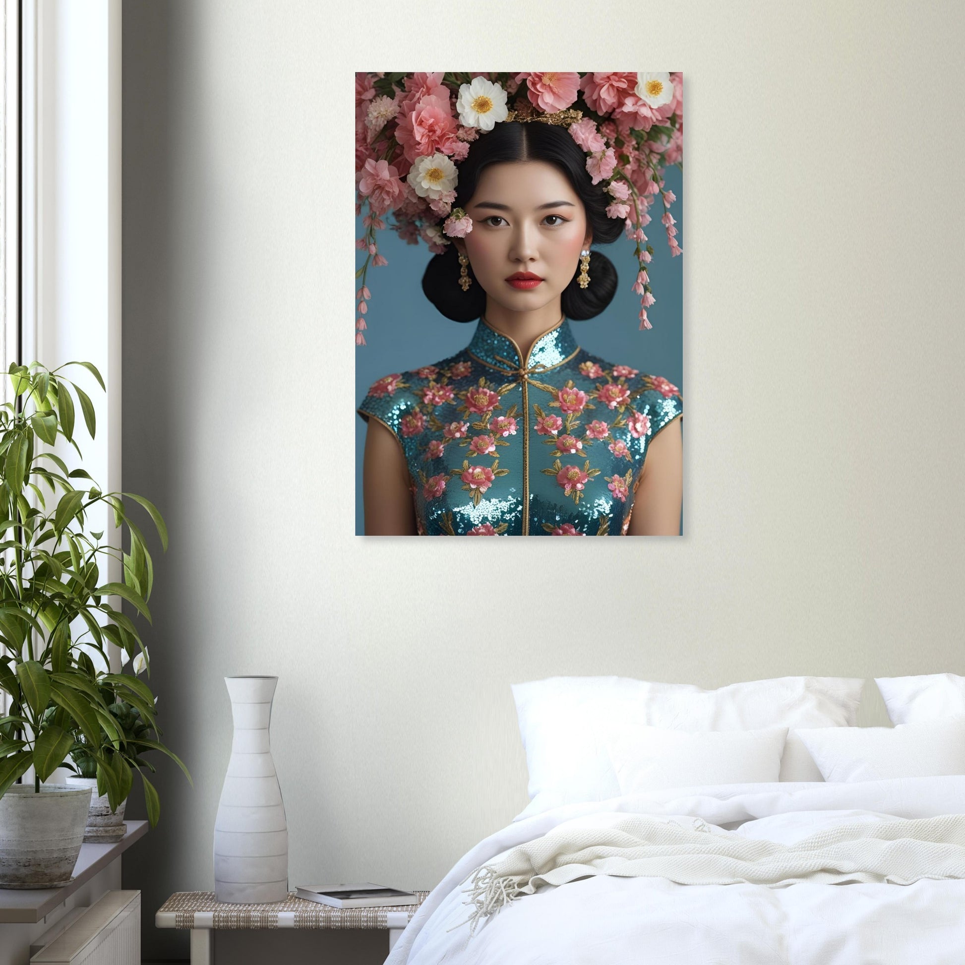 A framed wall art print showing a woman in a floral cheongsam against a blue background, displayed above a bed in a bright bedroom with a plant and vase.