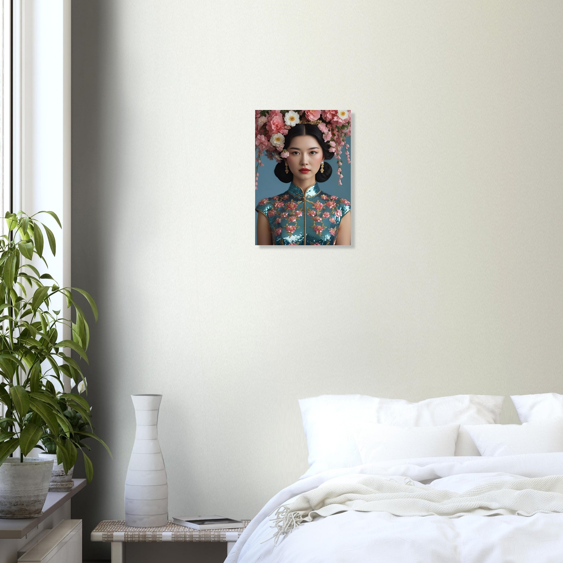 A framed wall art print depicting an Asian woman in a floral headpiece and teal embroidered cheongsam, displayed above a bed in a modern, softly lit bedroom.