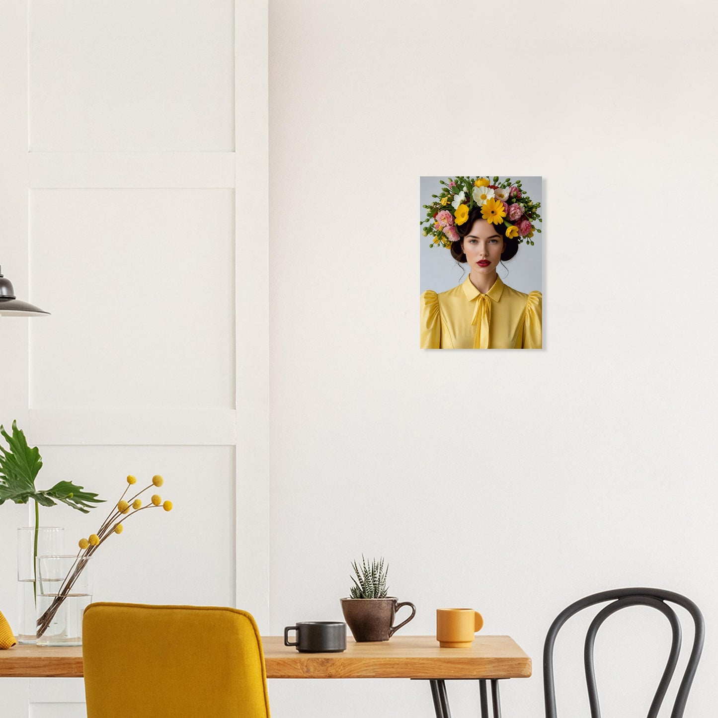 A vertical canvas wall art print depicting a woman with a vibrant yellow blouse and a large flower crown, shown hanging on a white wall in a modern dining room setting.