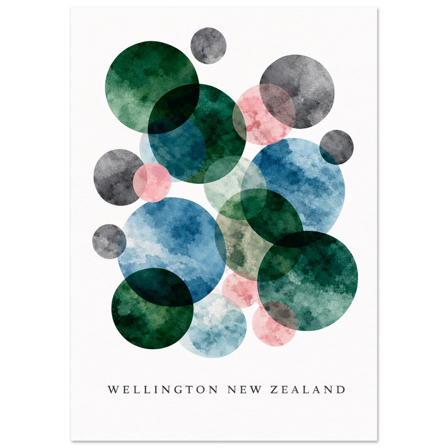 A minimalist art print featuring overlapping watercolor circles in shades of green, blue, pink, and gray on a white background, with the text 'WELLINGTON NEW ZEALAND' printed at the bottom.