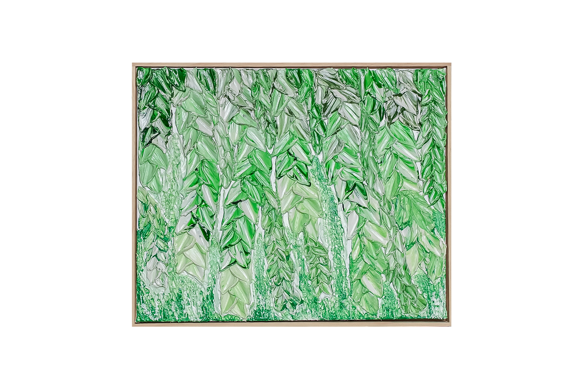 A framed abstract painting featuring textured vertical brushstrokes in various shades of green and white, enclosed in a thin light wood frame against a solid white background.