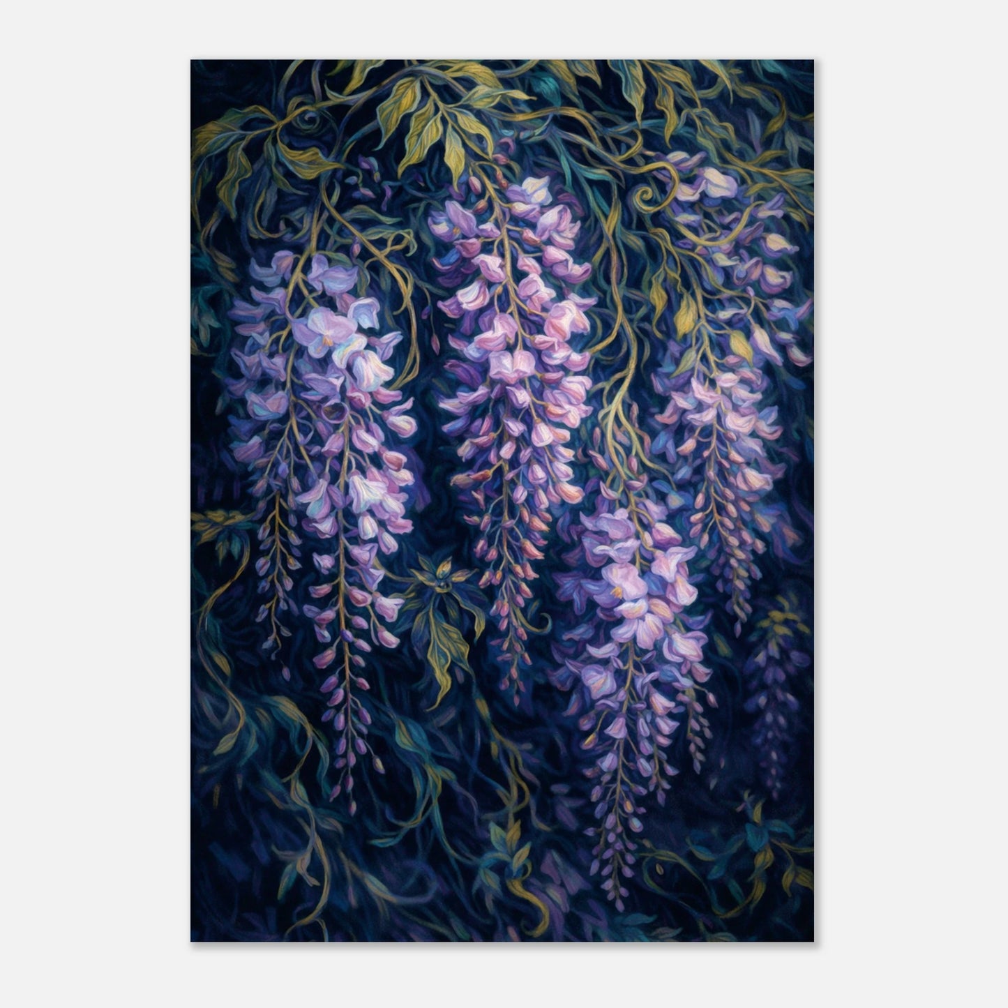 A vertical art print depicting hanging purple wisteria flowers with green and yellow leaves against a dark navy background, shown centered on a light gray backdrop.