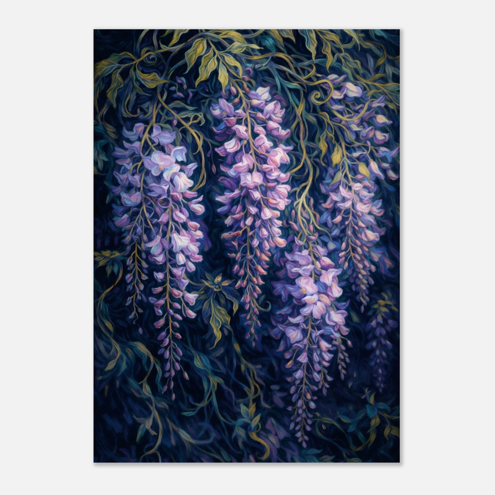 A vertical art print depicting hanging purple wisteria flowers with green and yellow leaves against a dark navy background, shown centered on a light gray backdrop.