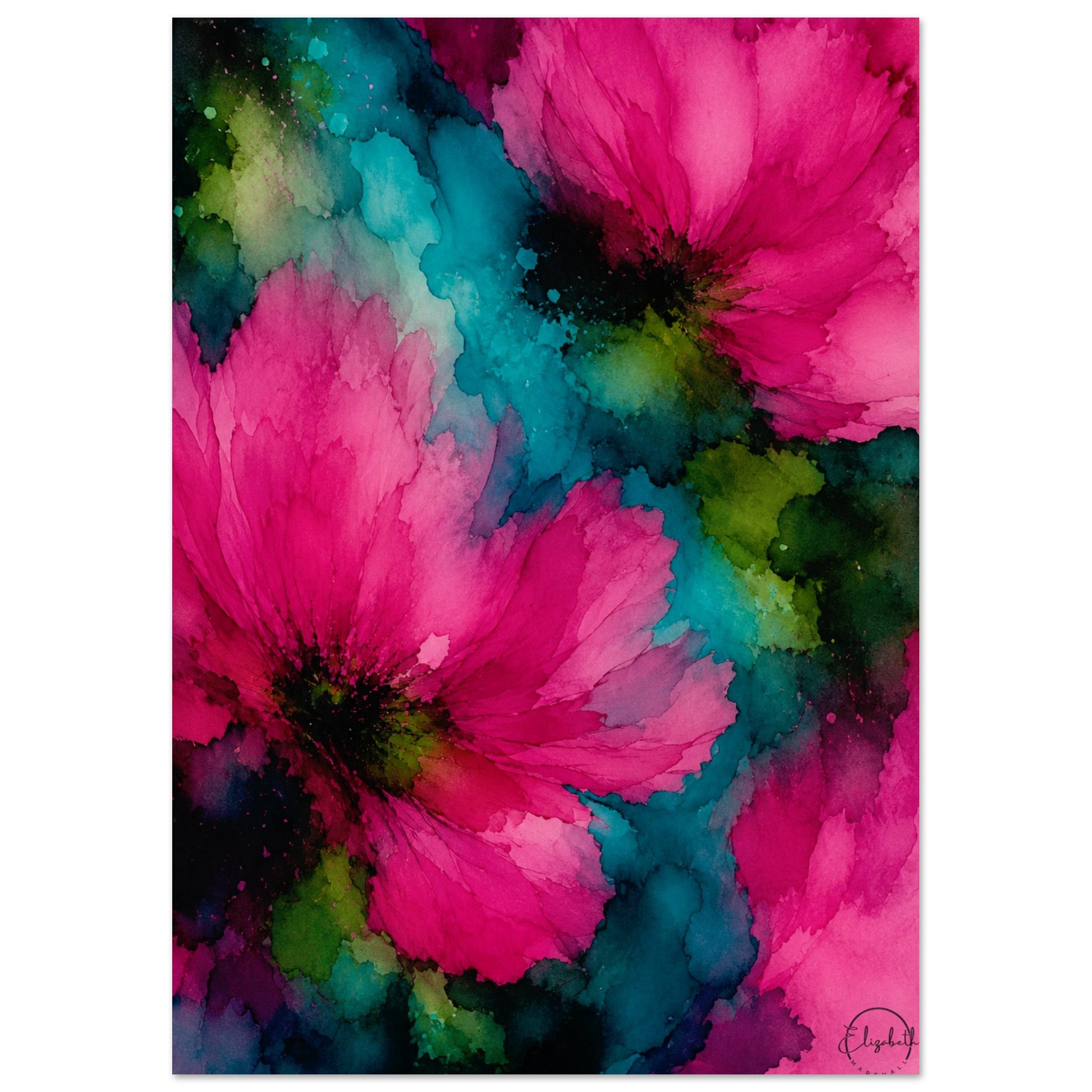 A vertical watercolor art print featuring large, vibrant magenta flowers with teal, green, and dark blue watercolor splashes and splatters in the background.