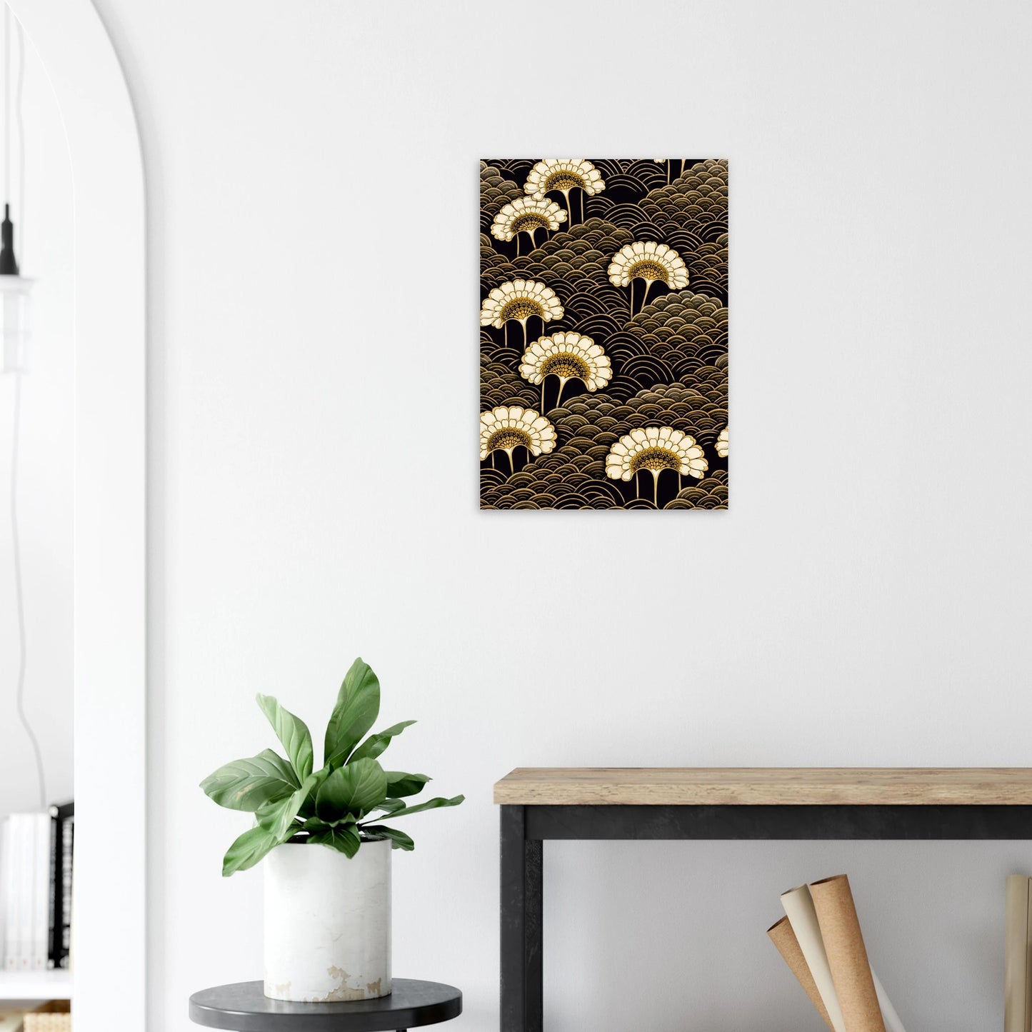 Blooming Under a Full Moon is the most immersive print in the Night Garden series. Cream and gold chrysanthemum fan blooms emerge from every corner of a dense field of dark seigaiha waves, their layered petals luminous against the black, their golden centres glowing like small moons scattered across the composition. There is no sky, no horizon, no empty space, just an endless, opulent garden in full bloom, the kind of pattern that rewards the longer you look at it.