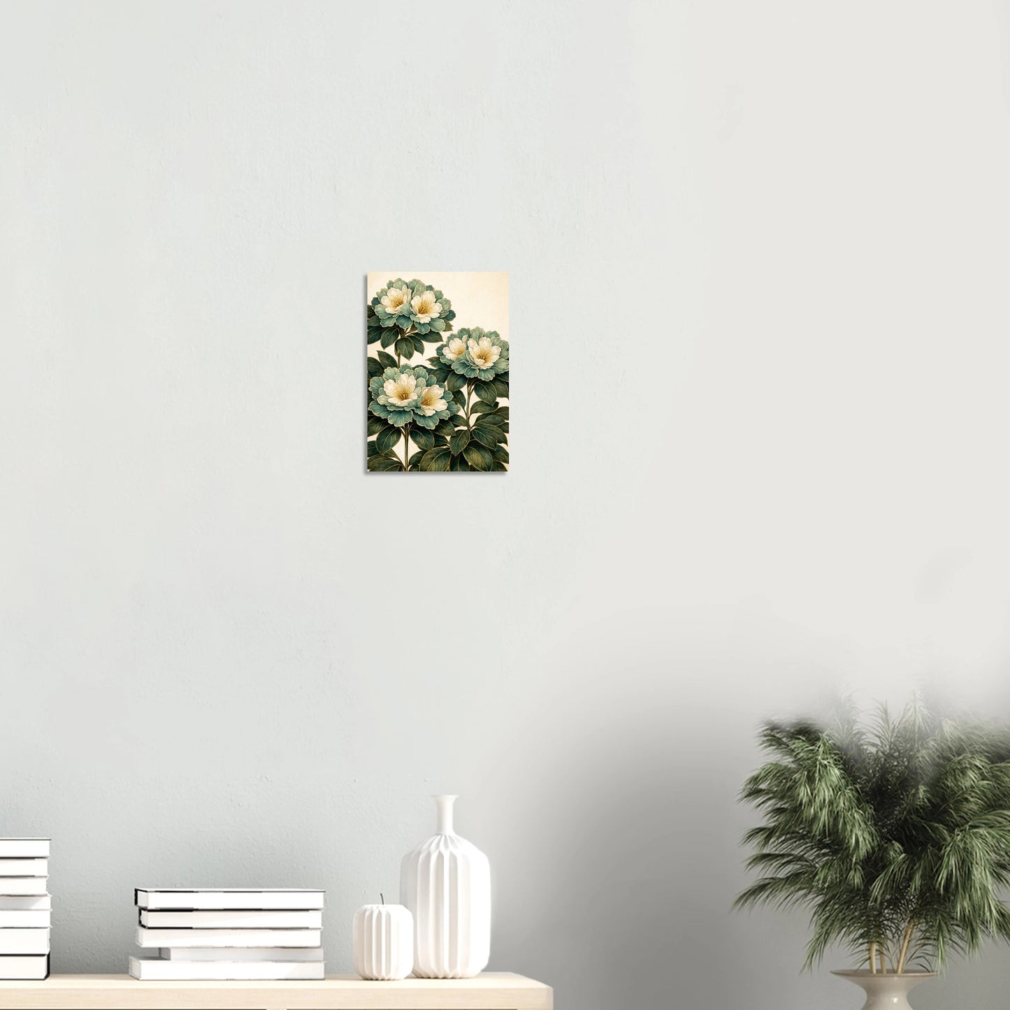 Rhododendron Dell is a print that stops you in a hallway. Cream and pale blue rhododendron blooms cluster in lush abundance against a dark background, their petals catching the light with a quiet shimmer, rich, dramatic and completely captivating.