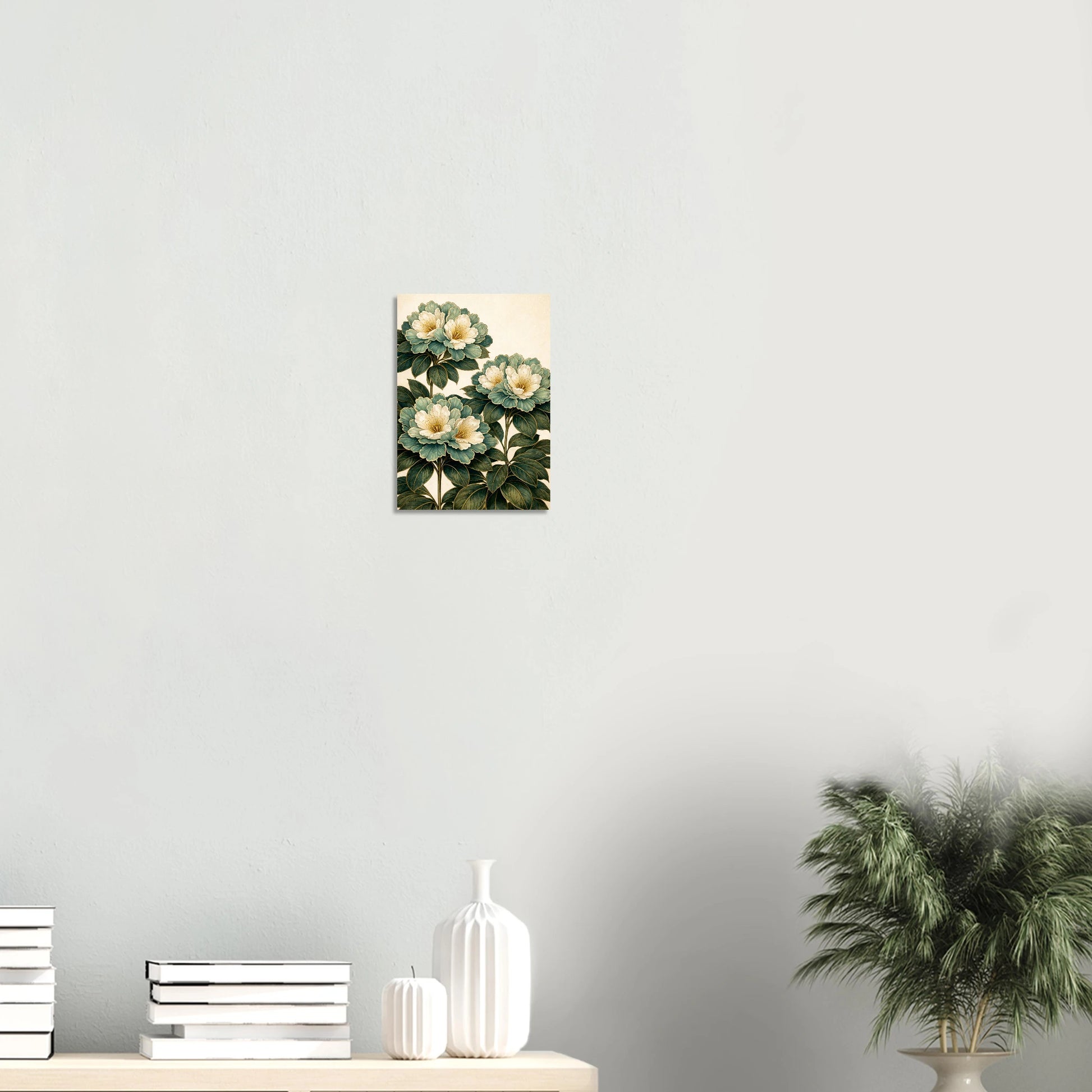 Rhododendron Dell is a print that stops you in a hallway. Cream and pale blue rhododendron blooms cluster in lush abundance against a dark background, their petals catching the light with a quiet shimmer, rich, dramatic and completely captivating.