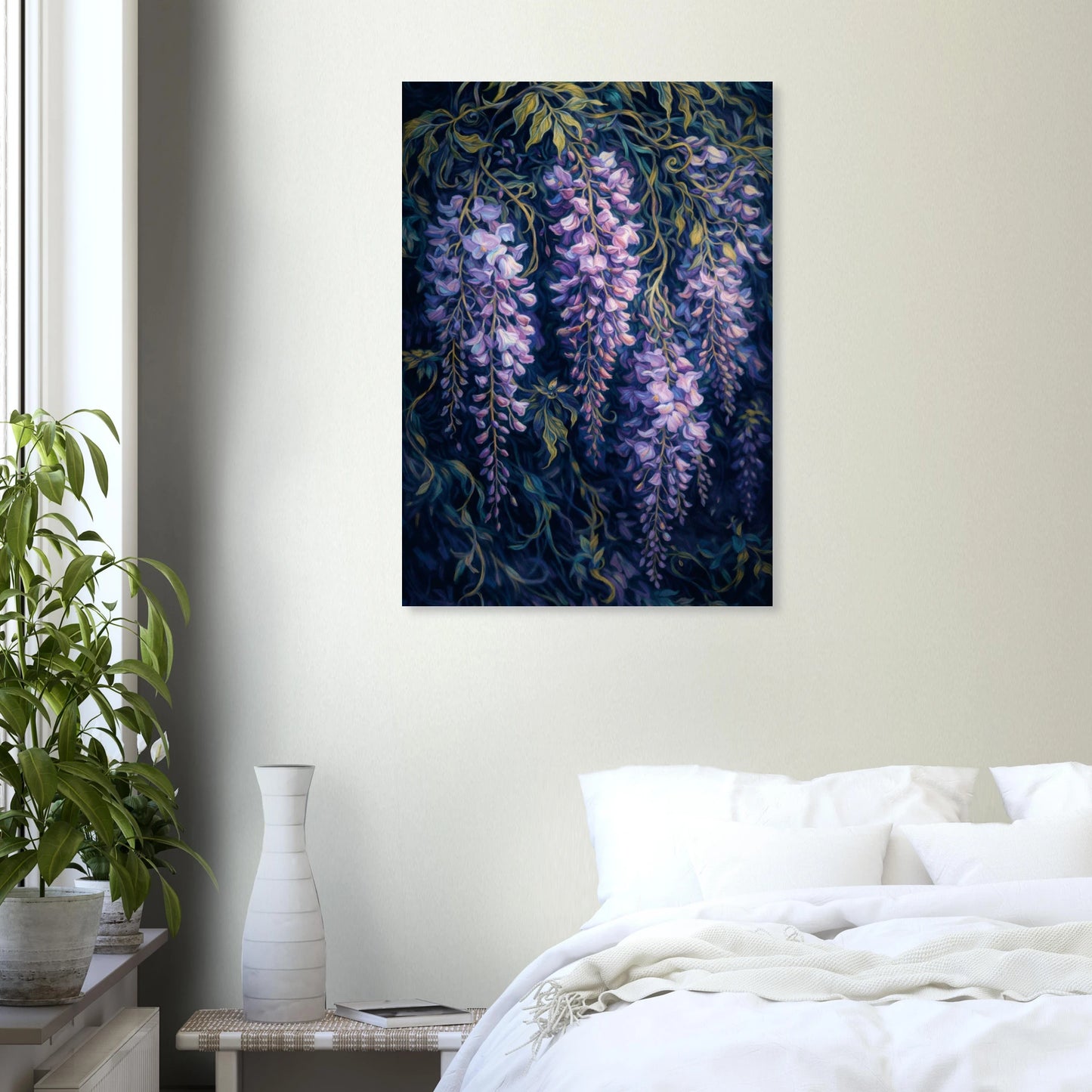 A vertical canvas wall art print depicting purple wisteria flowers hanging from dark blue-black vines, styled in a bedroom setting above a bed with white bedding.