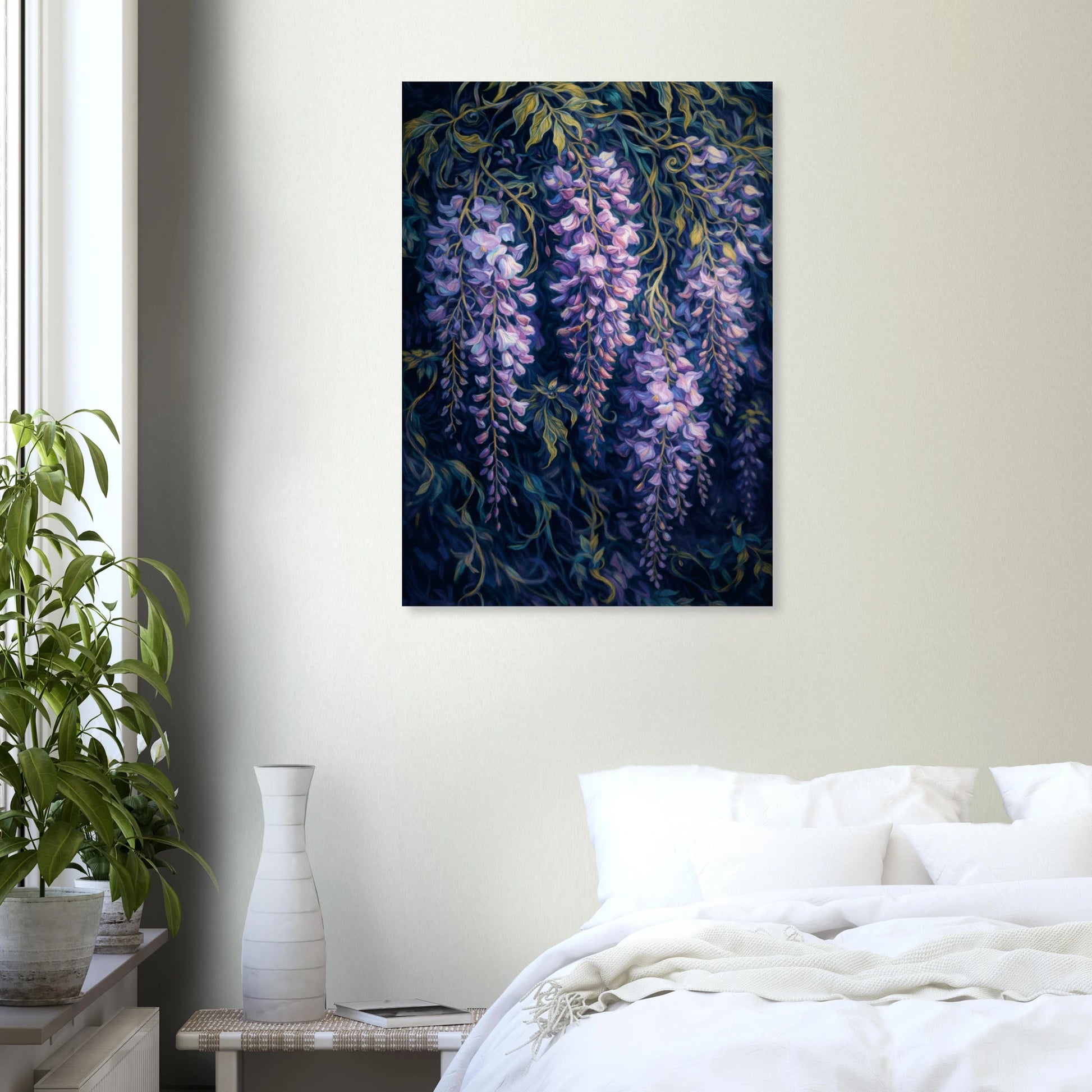 A vertical canvas wall art print depicting purple wisteria flowers hanging from dark blue-black vines, styled in a bedroom setting above a bed with white bedding.