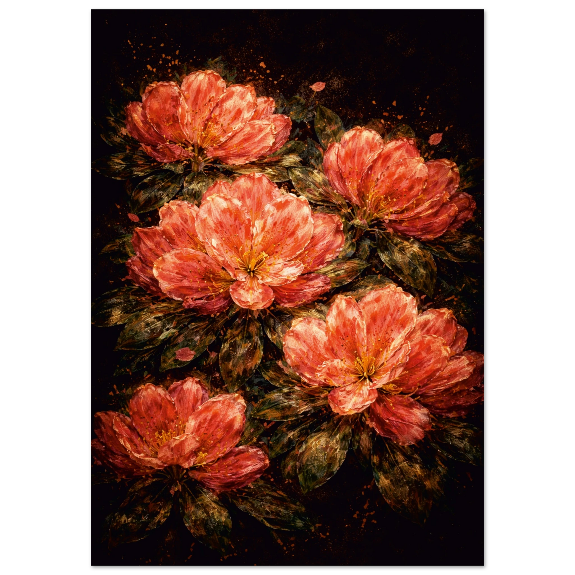 A vertical art print depicting a cluster of large, textured pinkish-red flowers with dark green and black leaves against a very dark, near-black background.
