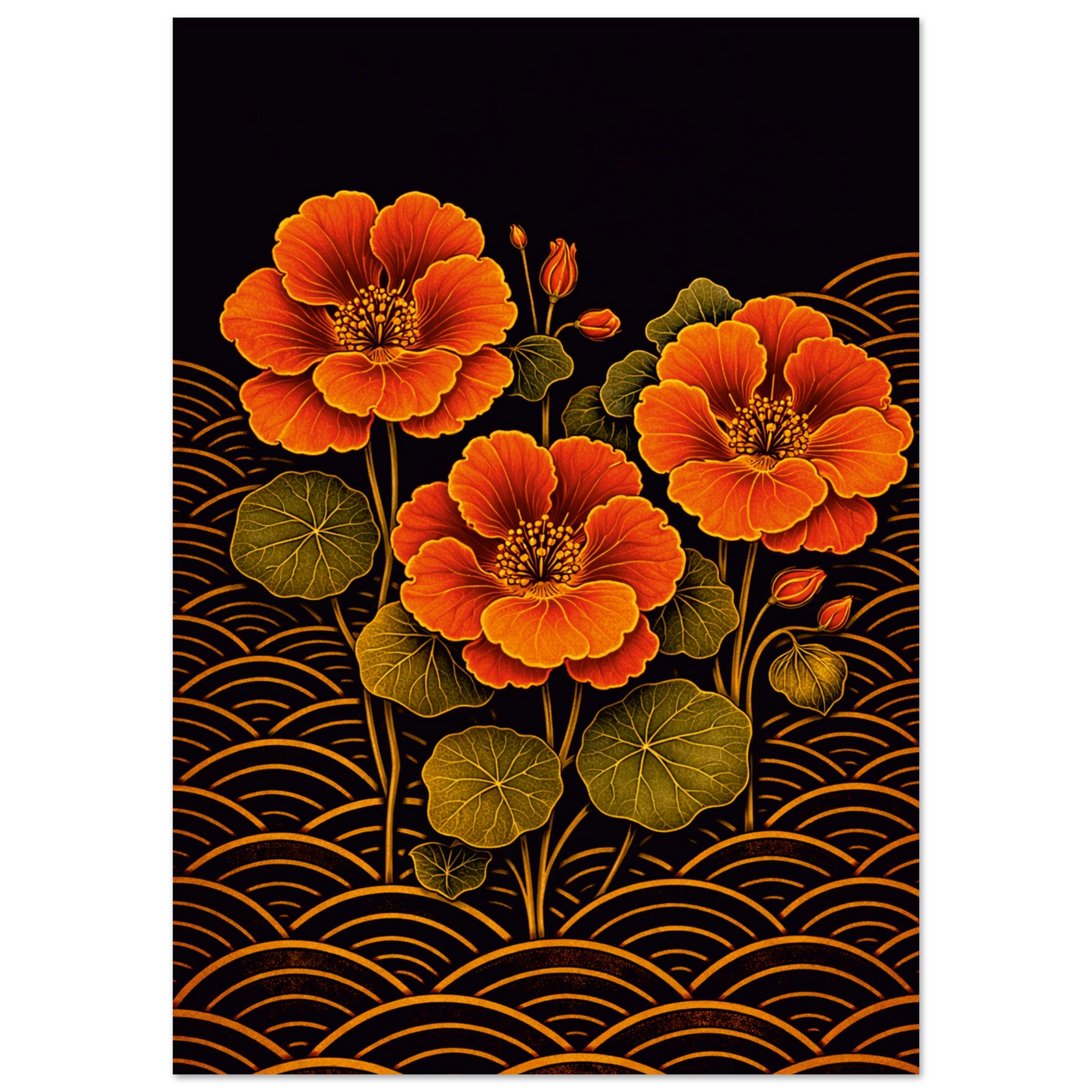 A vertical art print featuring three vibrant orange flowers with green leaves and gold wave patterns on a black background, presented against a white canvas.

Nasturtiums Bloom is a print for lovers of colour. Vivid burnt orange nasturtium blooms rise from a bed of gold seigaiha wave patterns, bold and luminous against a moody dark background- the kind of composition that brings instant warmth and energy to a room.