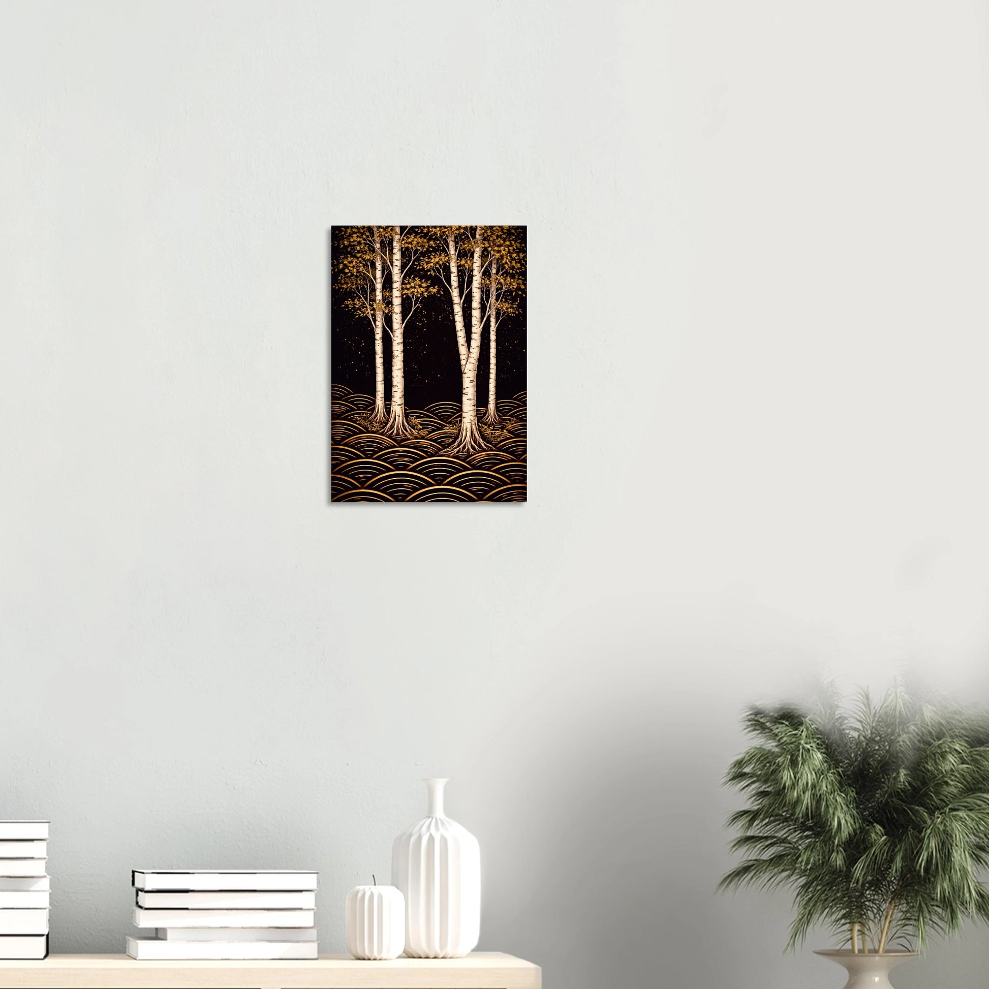Four white birch trees rise from a ground of rippling gold arcs, their amber and olive leaves catching the last of the light against a deep, dark sky.&nbsp;Birch Trees Under Moonlight is still and electric at once, the kind of print that makes a room feel like it has a secret.