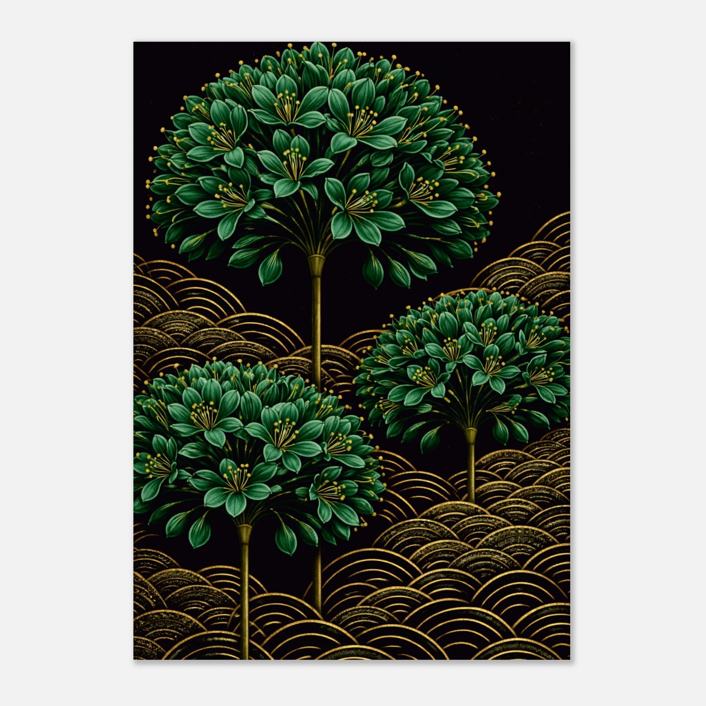 A vertical art print featuring three stylized green leafy tree-like forms rising above repeating gold wave patterns on a black background, shown against a light gray studio backdrop.