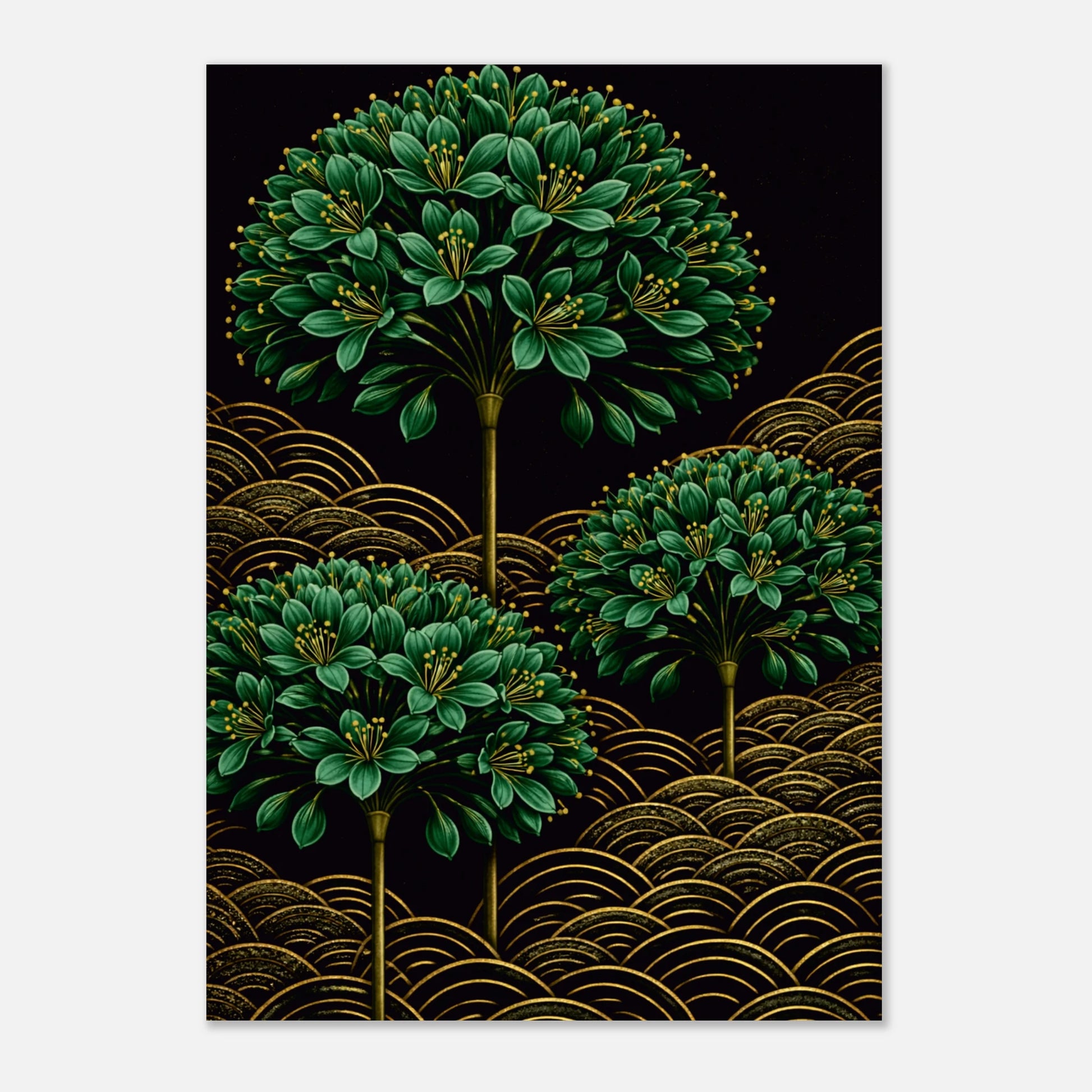 A vertical art print featuring three stylized green leafy tree-like forms rising above repeating gold wave patterns on a black background, shown against a light gray studio backdrop.