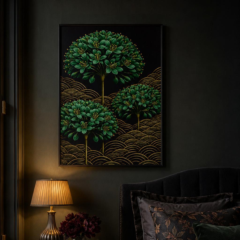 bedroom with Agapanthus Come Out to Play takes four sculptural agapanthus that rise from a field of golden seigaiha waves, their globe-shaped heads dense with deep emerald foliage, their gold stems catching the light against a deep dark ground. There is something quietly joyful about this print, architectural and considered, but with a sense of life and movement that makes it impossible to ignore.