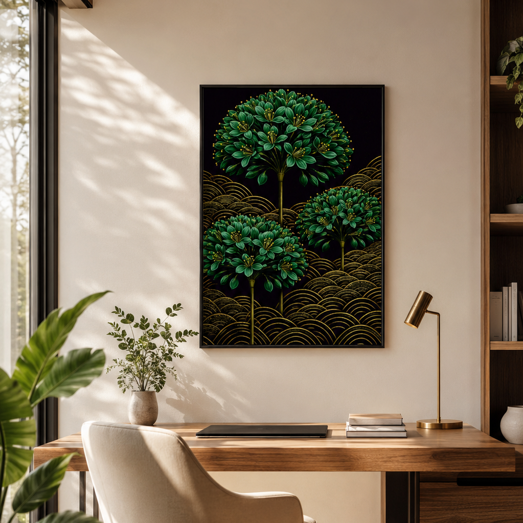 Home office with Agapanthus Come Out to Play takes four sculptural agapanthus that rise from a field of golden seigaiha waves, their globe-shaped heads dense with deep emerald foliage, their gold stems catching the light against a deep dark ground. There is something quietly joyful about this print, architectural and considered, but with a sense of life and movement that makes it impossible to ignore.