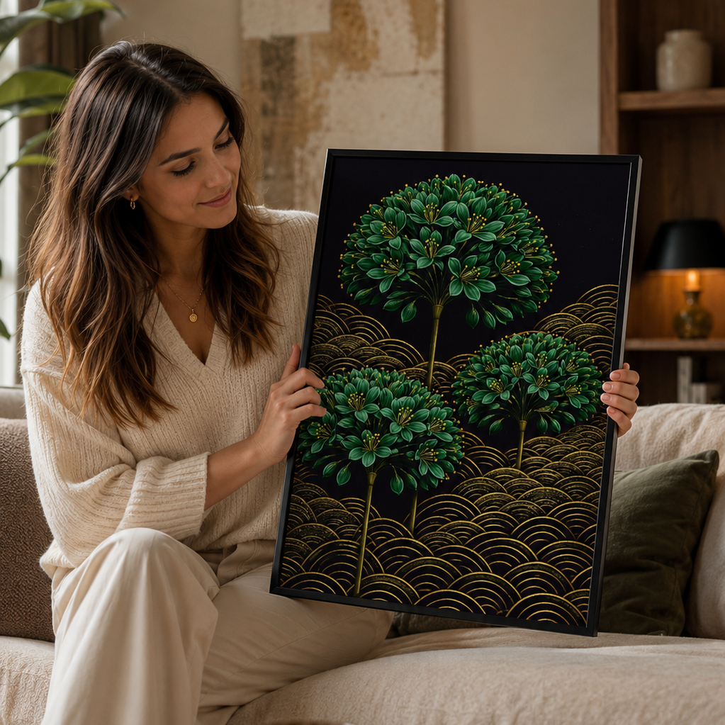 A woman sitting on a beige sofa holds up a framed art print depicting green topiary-style trees on a dark background with gold wave patterns. The room has warm neutral tones, a bookshelf, and a coffee table in the foreground.