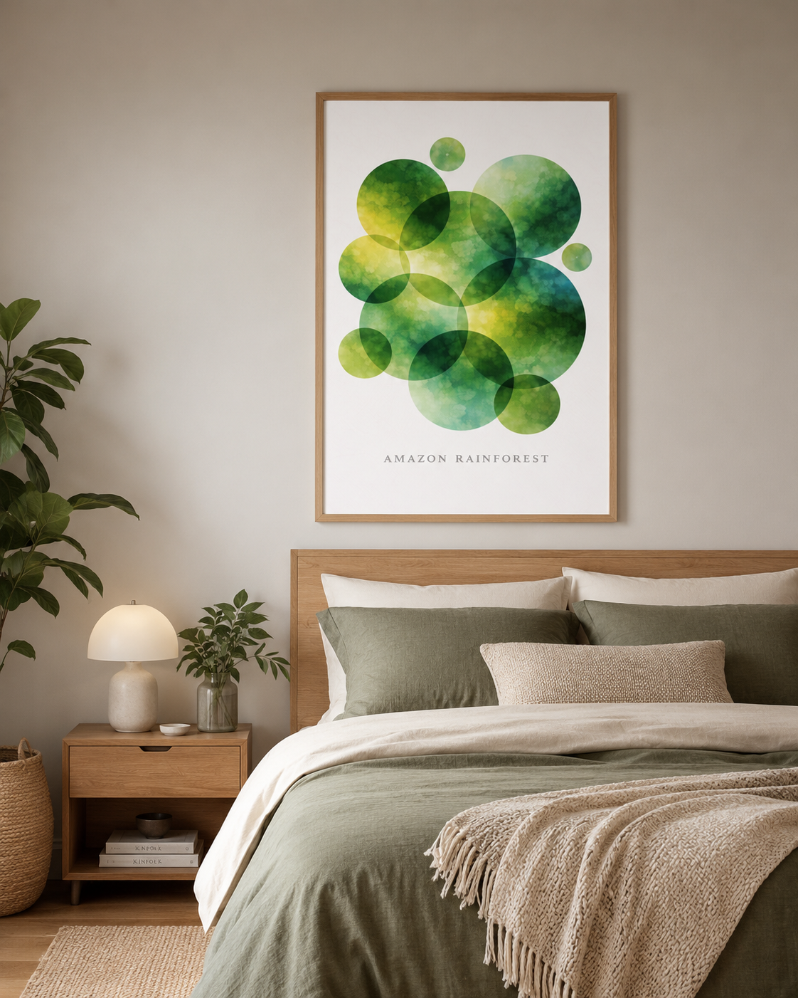 A framed art print featuring a green watercolor rainforest design hangs on a beige wall above a neatly made bed in a modern, softly lit bedroom.
