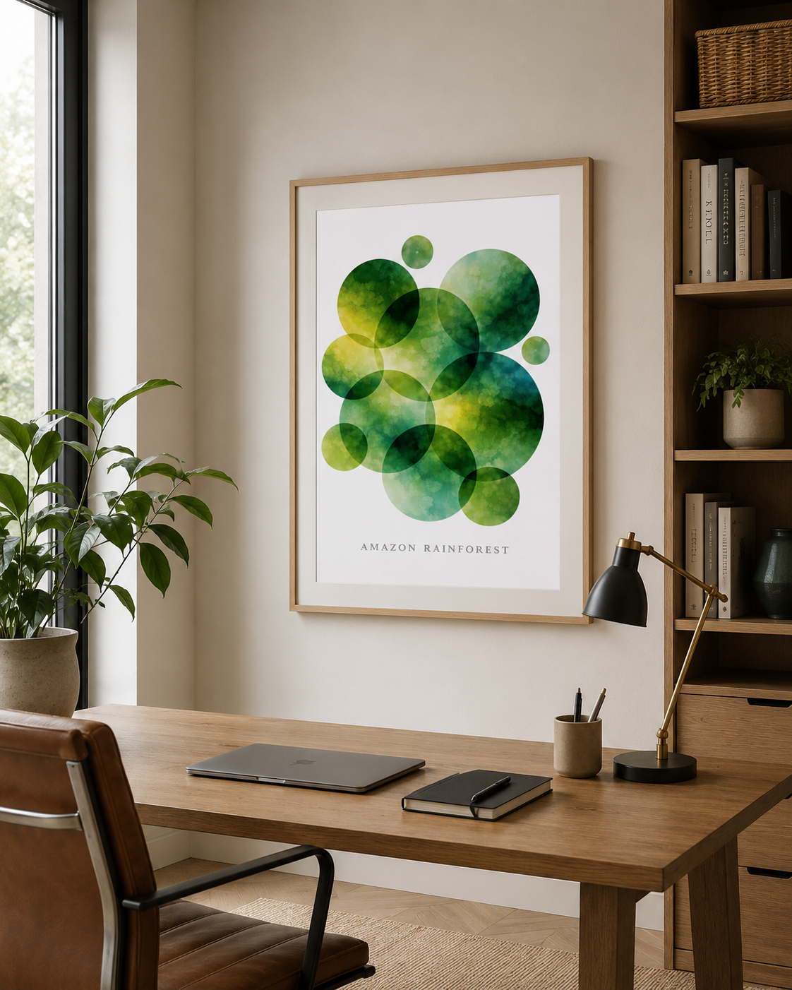 A framed art print featuring green watercolor rainforest bubble patterns with the text 'AMAZON REINFOREST' at the bottom, displayed on a beige wall above a wooden desk in a modern home office setting.