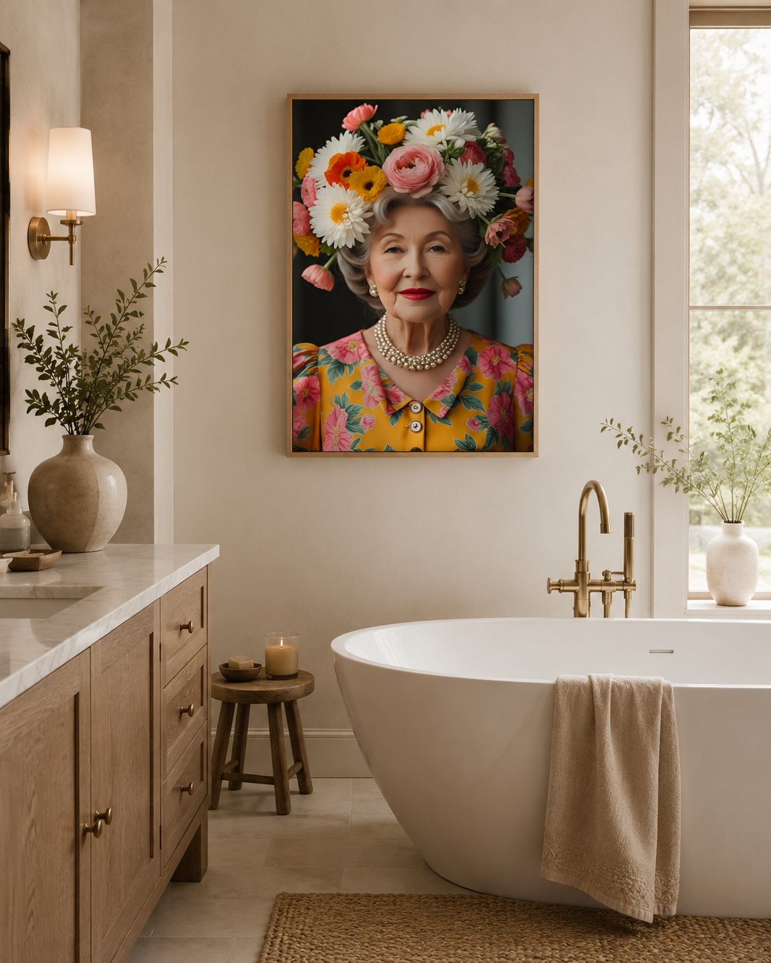 A framed art print of a smiling elderly woman with a colorful floral crown, displayed on a beige wall in a modern bathroom above a white freestanding bathtub.