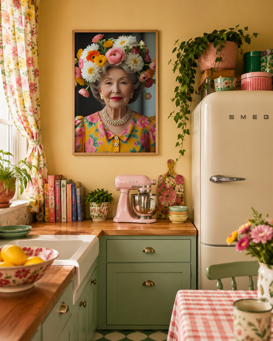 A framed art print of a woman in a colorful floral dress and flower crown hangs on a yellow wall in a retro-style kitchen. The kitchen features sage green cabinets, a cream-colored SMEG refrigerator, a pink stand mixer, and a red-and-white checkered tablecloth.