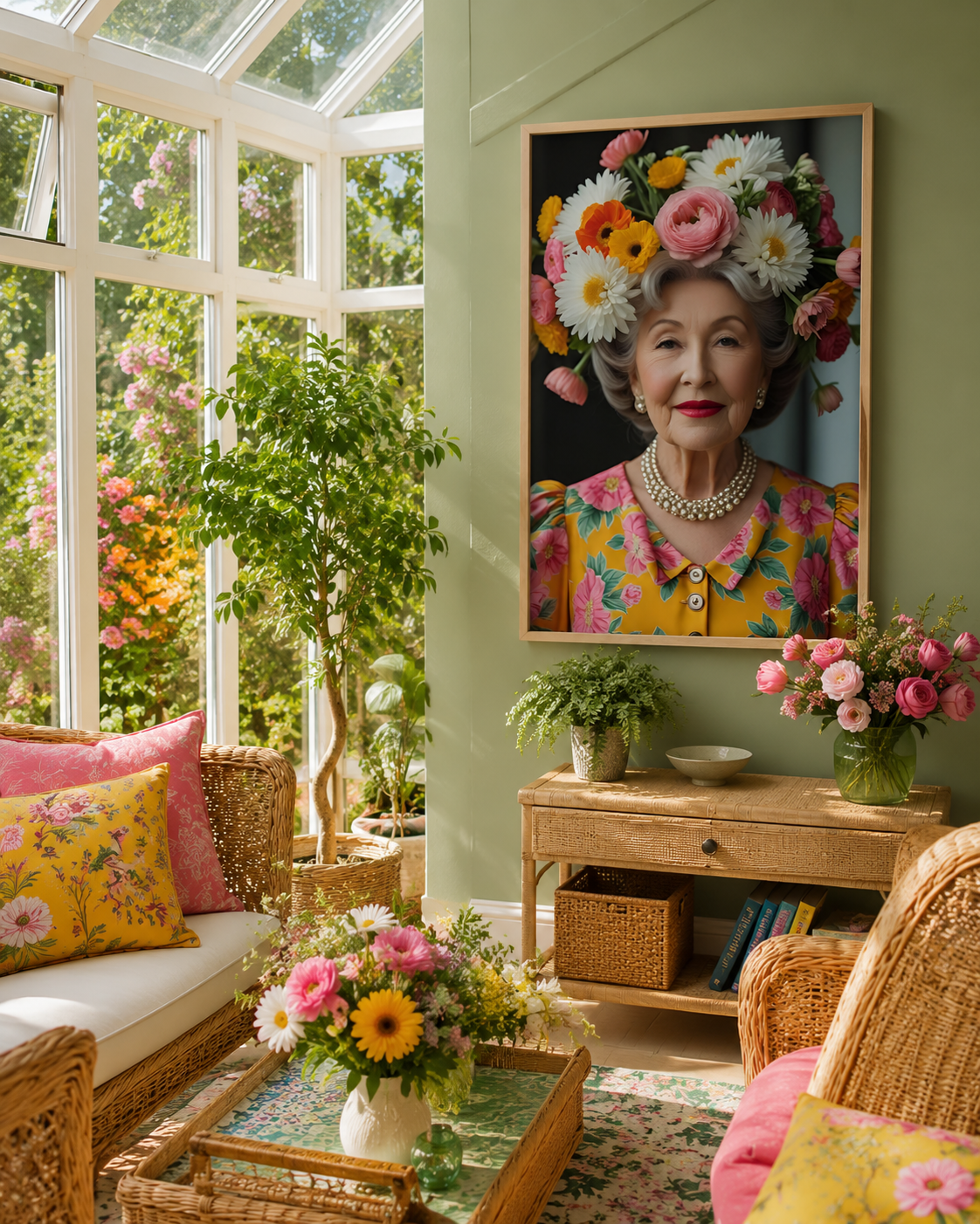 A framed art print depicting a smiling elderly woman with a colorful flower crown, hung on a sage green wall in a bright, sunlit garden house with wicker furniture and potted plants.