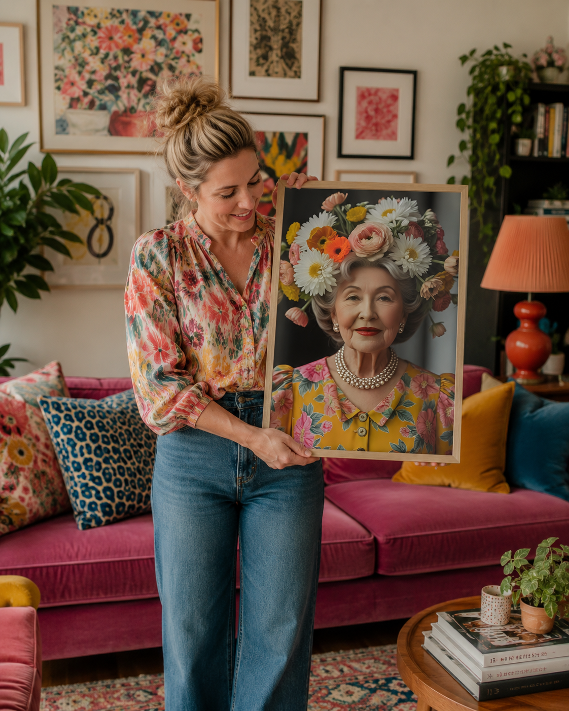 A woman in a floral blouse and jeans holds up a large framed portrait print of an elderly woman with a colorful flower crown in a cozy, decorated living room.