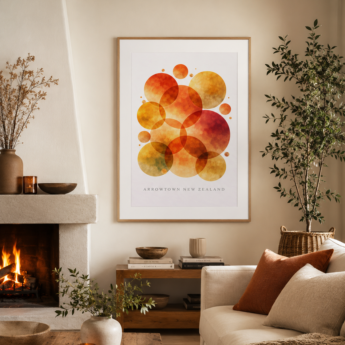 A framed art print featuring overlapping watercolor circles in orange, yellow, and red tones with the text 'AORONKA NEW ZEALAND' at the bottom, displayed on a beige wall in a cozy living room setting with a fireplace, sofa, and plants.