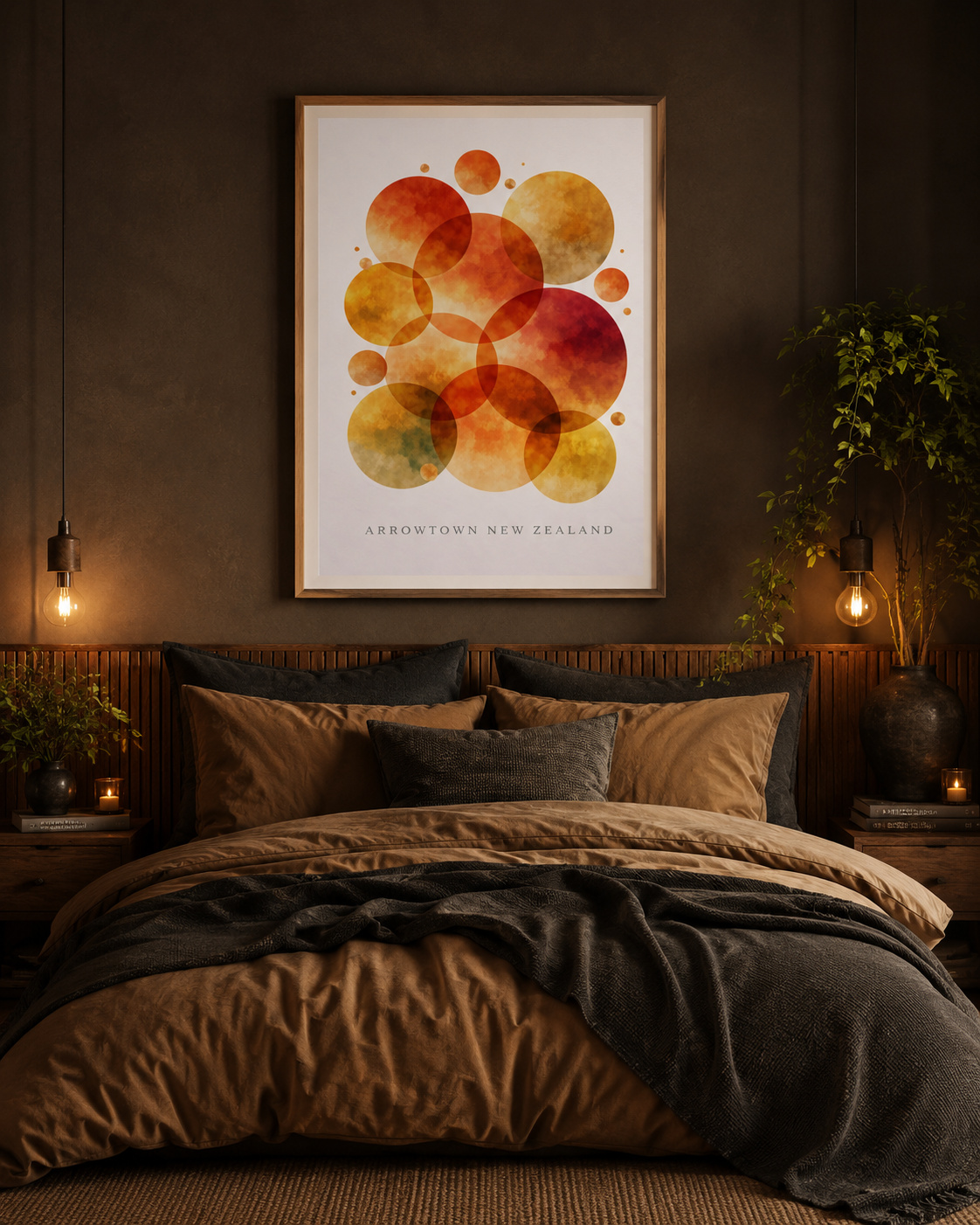 A framed abstract art print featuring overlapping watercolor circles in orange, yellow, and red tones, with the text 'ABBOTSON, NEW ZEALAND' at the bottom, displayed above a bed in a dark, warmly lit bedroom.