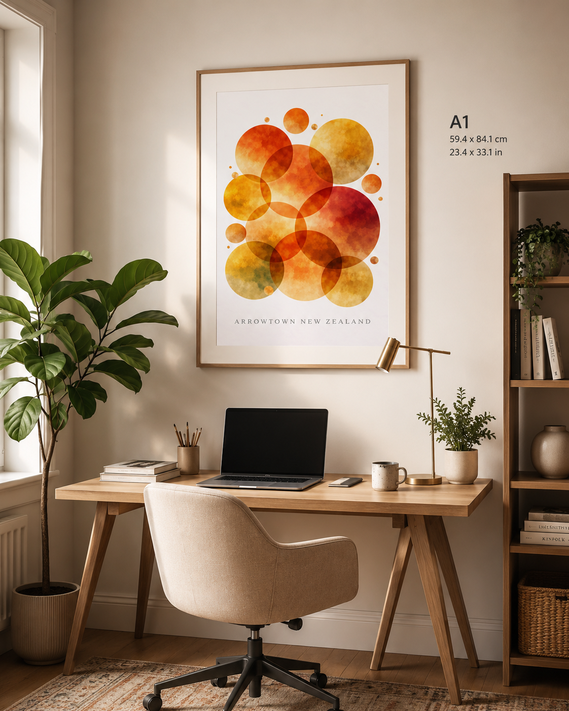 A framed abstract art print featuring overlapping watercolor circles in orange, yellow, and red tones, hung on a beige wall above a wooden desk with a laptop, lamp, and chair in a styled home office setting.