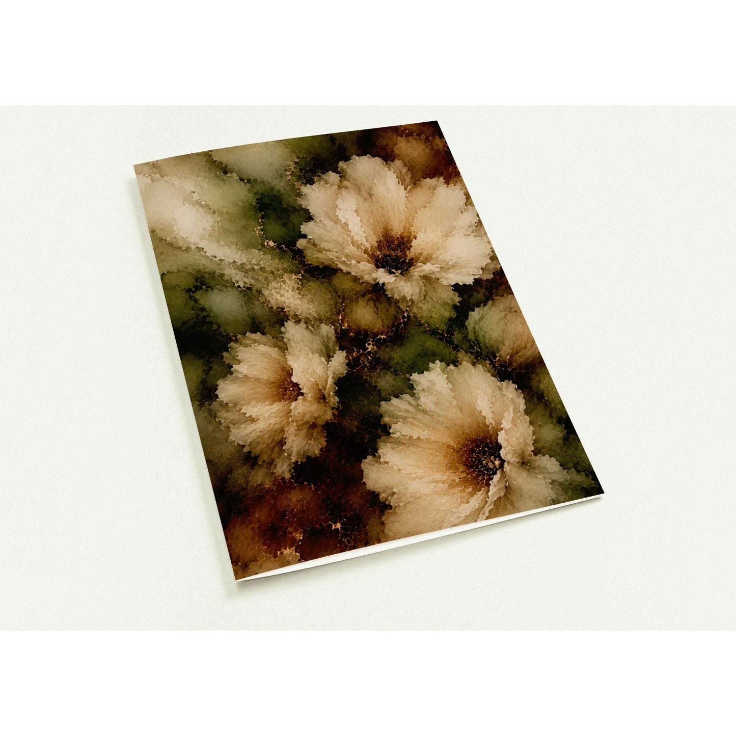 A rectangular art card featuring an abstract floral design in beige, brown, and olive green tones, shown at an angle on a light gray background.
