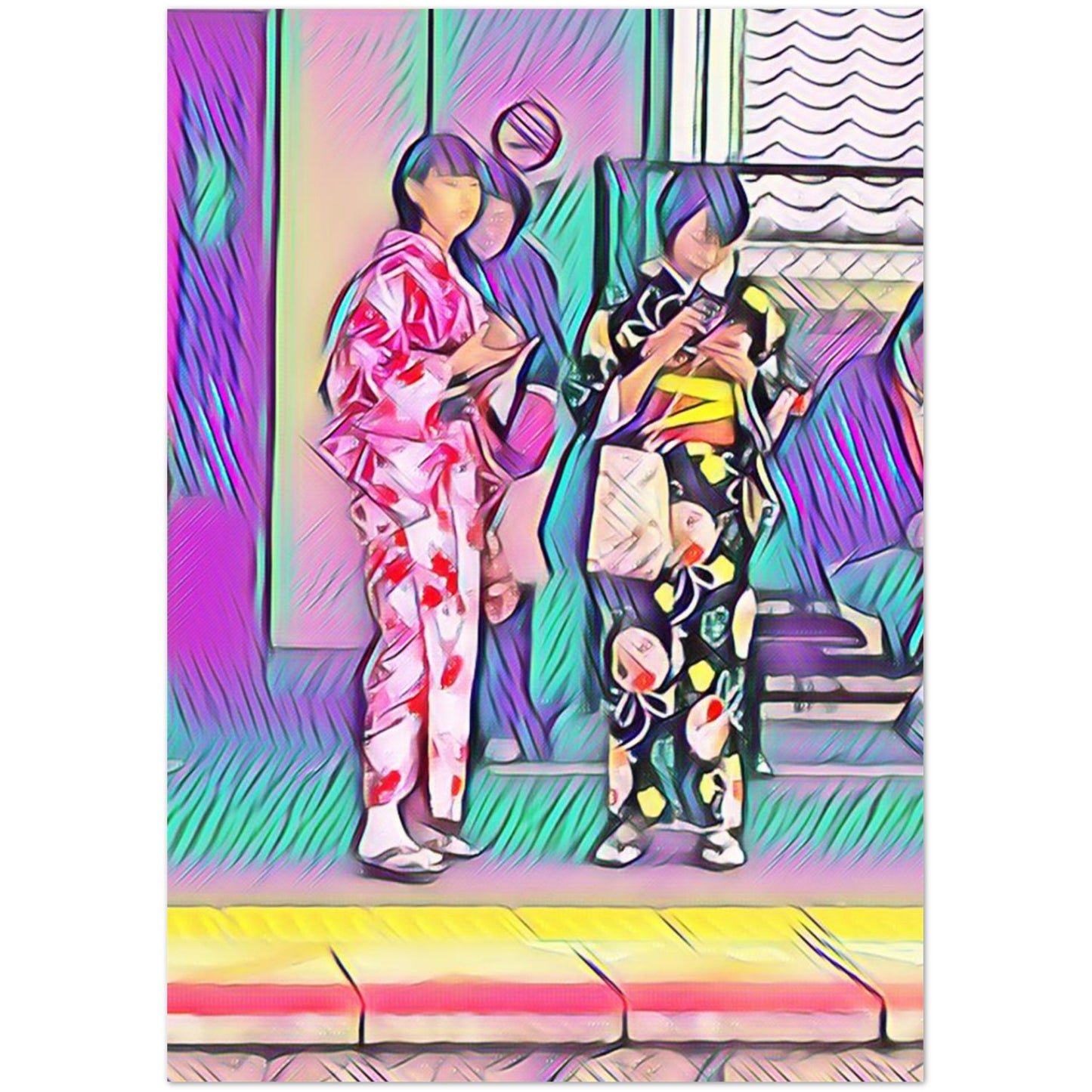 Two women in silk kimono, electric purple and neon pink, caught mid-moment on the steps of Hiroshima Station. Hiroshima Station embraces colour, the architecture dissolving into bold teal and yellow behind them, the whole scene humming with the energy of a city that refuses to be anything but alive.
