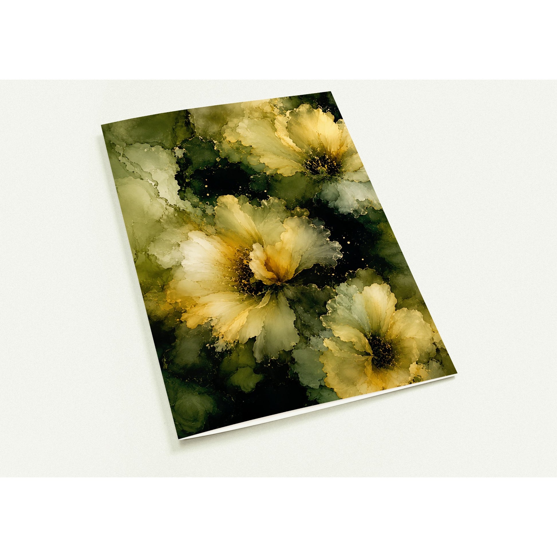 An art card featuring an abstract floral design with large cream and yellow flowers over dark green and black watercolor-like backgrounds, shown at an angle on a light gray background.