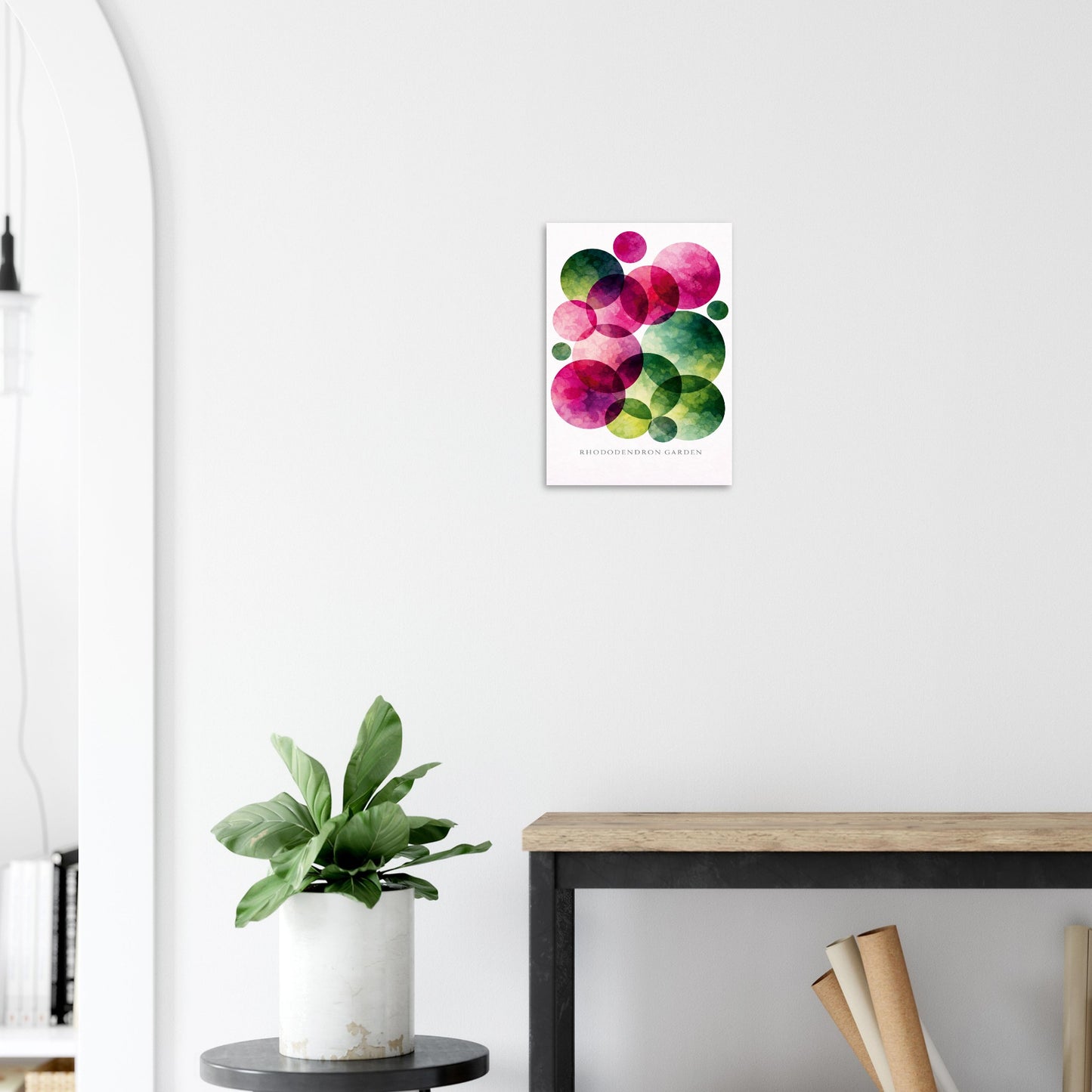 Abstract giclee print inspired by rhododendron gardens in full bloom. Deep magenta, hot pink & forest green