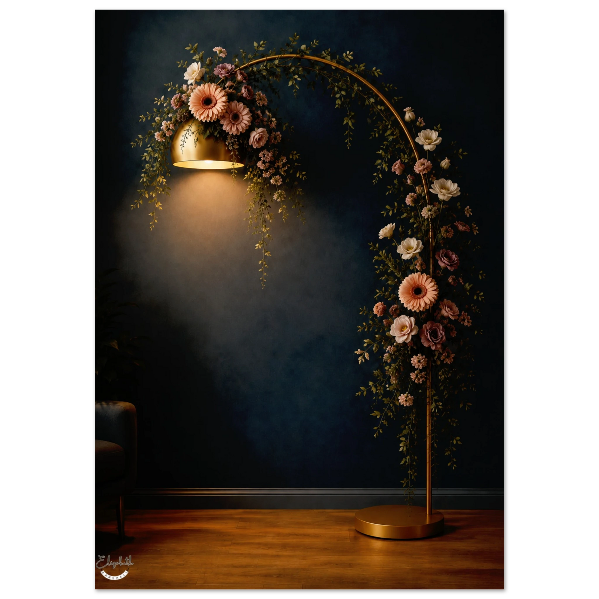 A tall arched floor lamp with a gold metal frame, draped with pink, white, and burgundy flowers and green foliage, standing on a wooden floor against a dark navy wall.