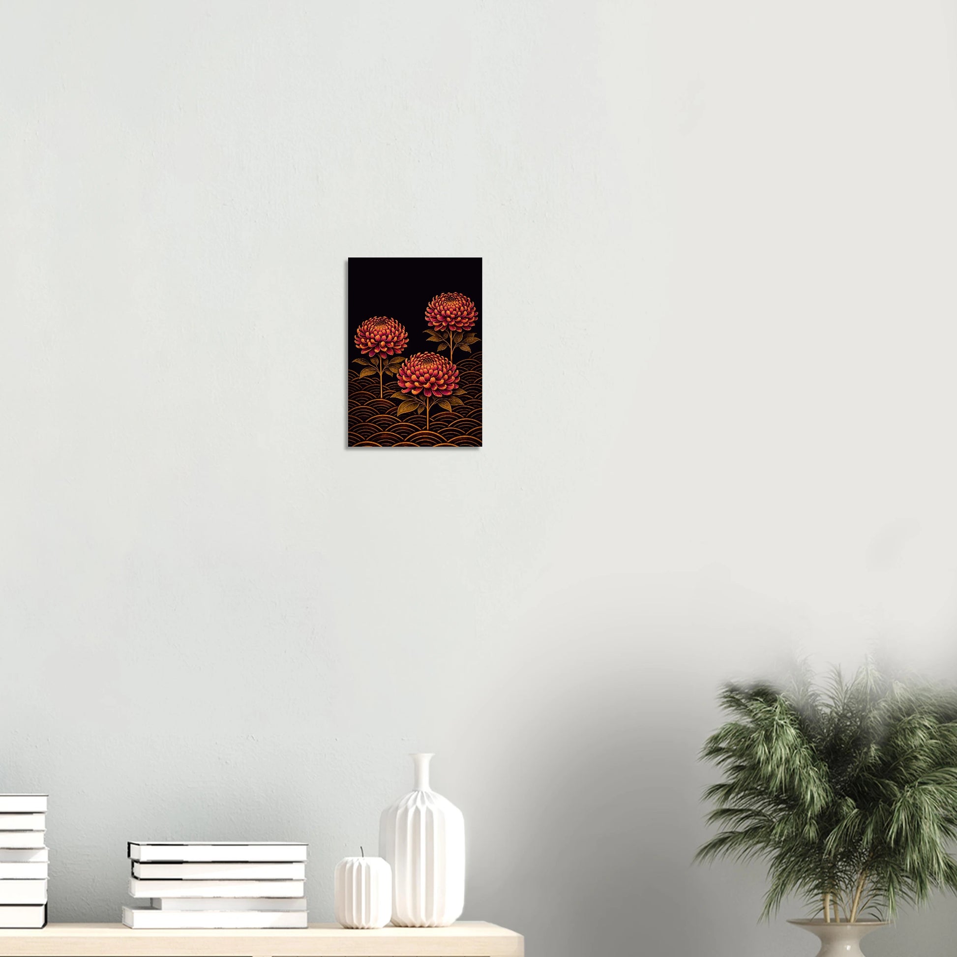 Three chrysanthemum blooms in deep crimson and burnt orange, rise from a ground of warm amber arcs against a near-black midnight sky.&nbsp;Chrysanthemums at Midnight is rich and ceremonial and quietly commanding, the kind of print that makes a room feel like it has always known exactly what it was.