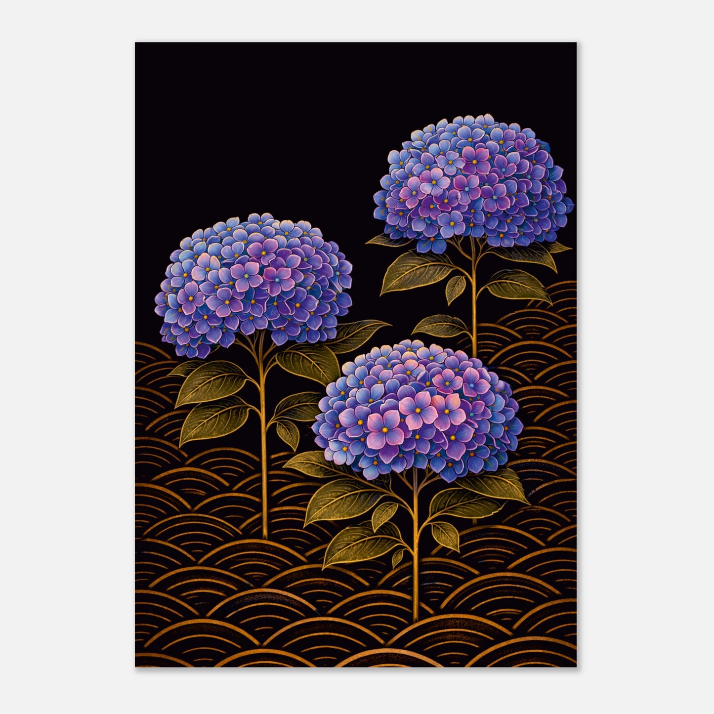 A vertical art print featuring three purple and blue hydrangea flowers with gold leaves on a black background with a gold wave pattern at the bottom.