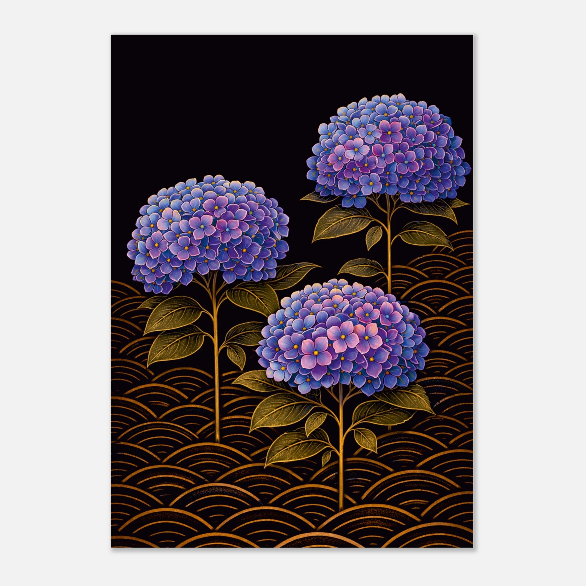 A vertical art print featuring three purple and blue hydrangea flowers with gold leaves on a black background with a gold wave pattern at the bottom.