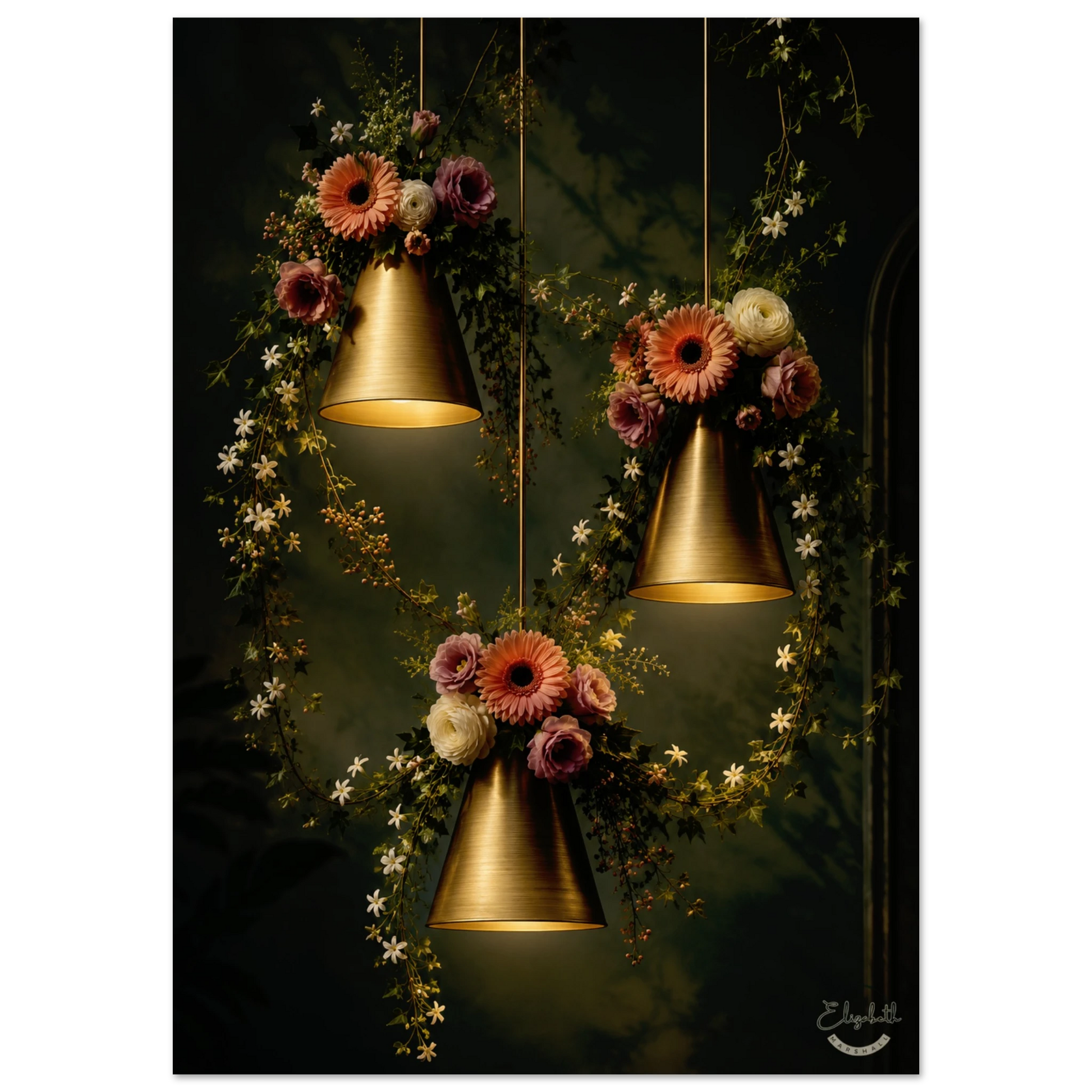 A vertical wall art print featuring three hanging brass pendant lights adorned with orange, pink, and cream flowers and green vines against a dark green background. The print is shown with a thin white border and a signature in the bottom right corner.