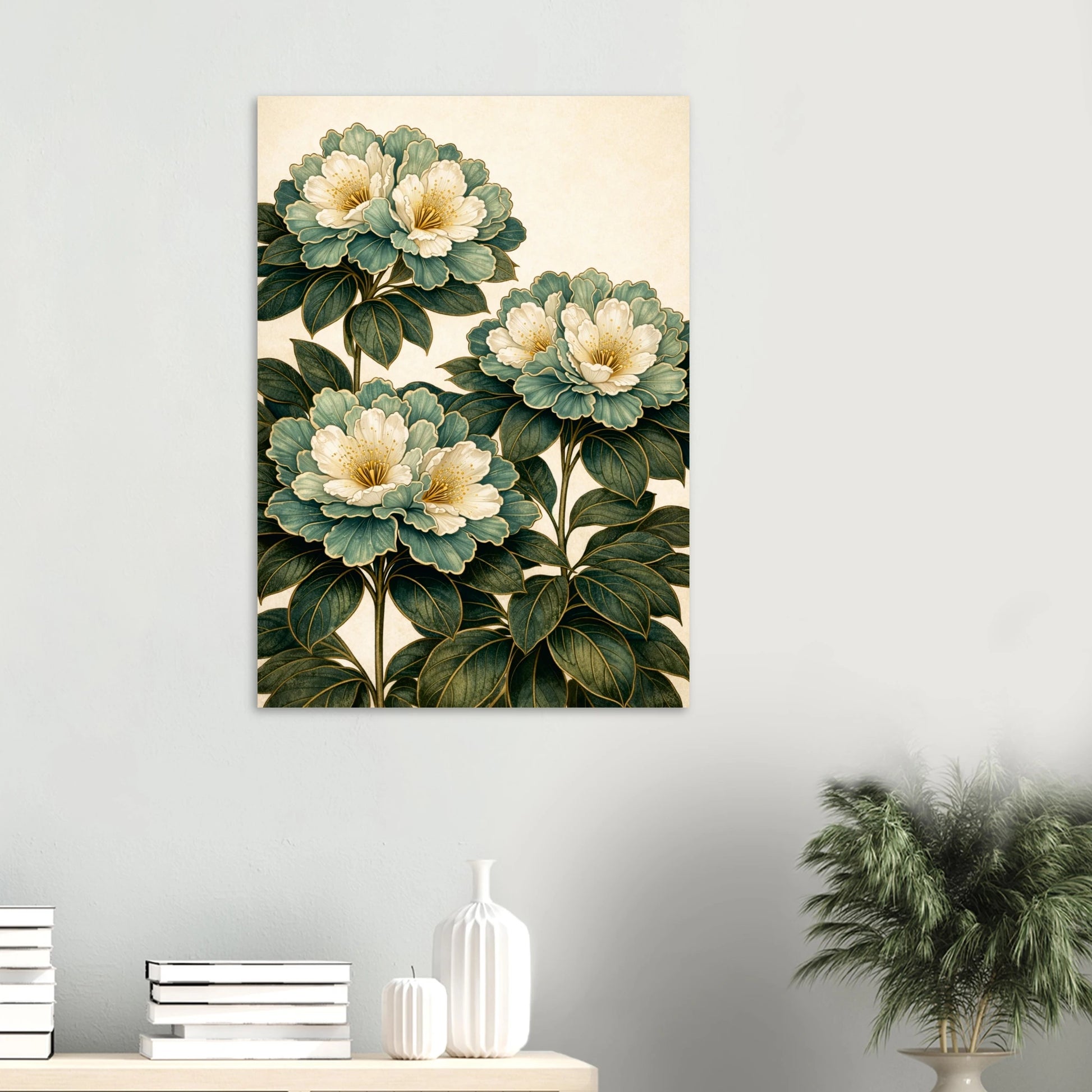 A vertical canvas wall art print featuring three large cream-colored flowers with green leaves, displayed on a light gray wall above a styled shelf with books and a potted plant.
