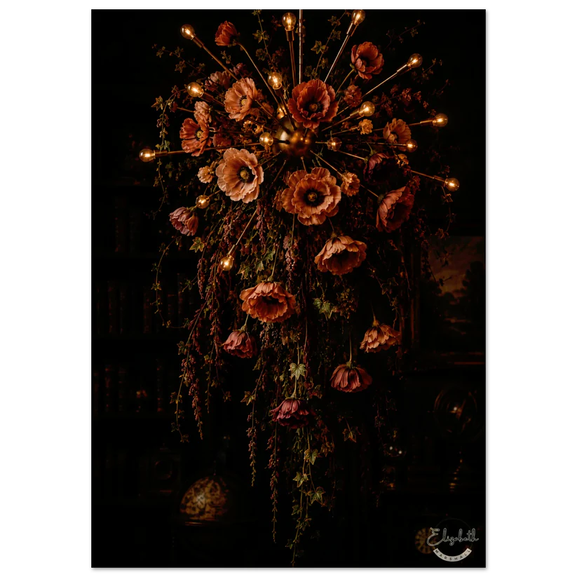 A dark, moody floral arrangement featuring large poppy-like flowers in muted red, pink, and brown tones with warm glowing lights along the stems, set against a very dark background. A small signature or watermark appears in the lower right corner.