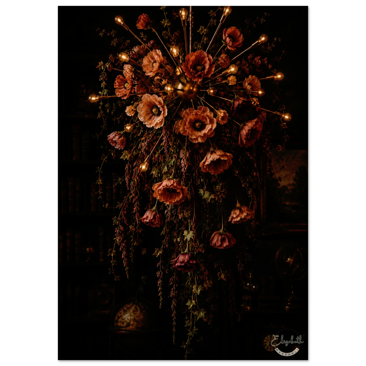 A dark, moody floral arrangement featuring large poppy-like flowers in muted red, pink, and orange tones with warm glowing lights along the stems, set against a very dark background. The artwork is presented as a vertical print with a white border and a small signature in the lower right corner.