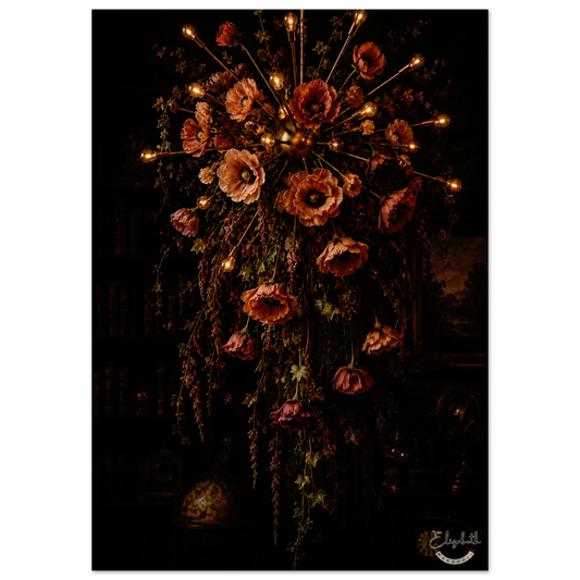 A dark, moody floral arrangement featuring large poppy-like flowers in muted red, pink, and orange tones with warm glowing lights along the stems, set against a very dark background. The artwork is presented as a vertical print with a white border and a small signature in the lower right corner.