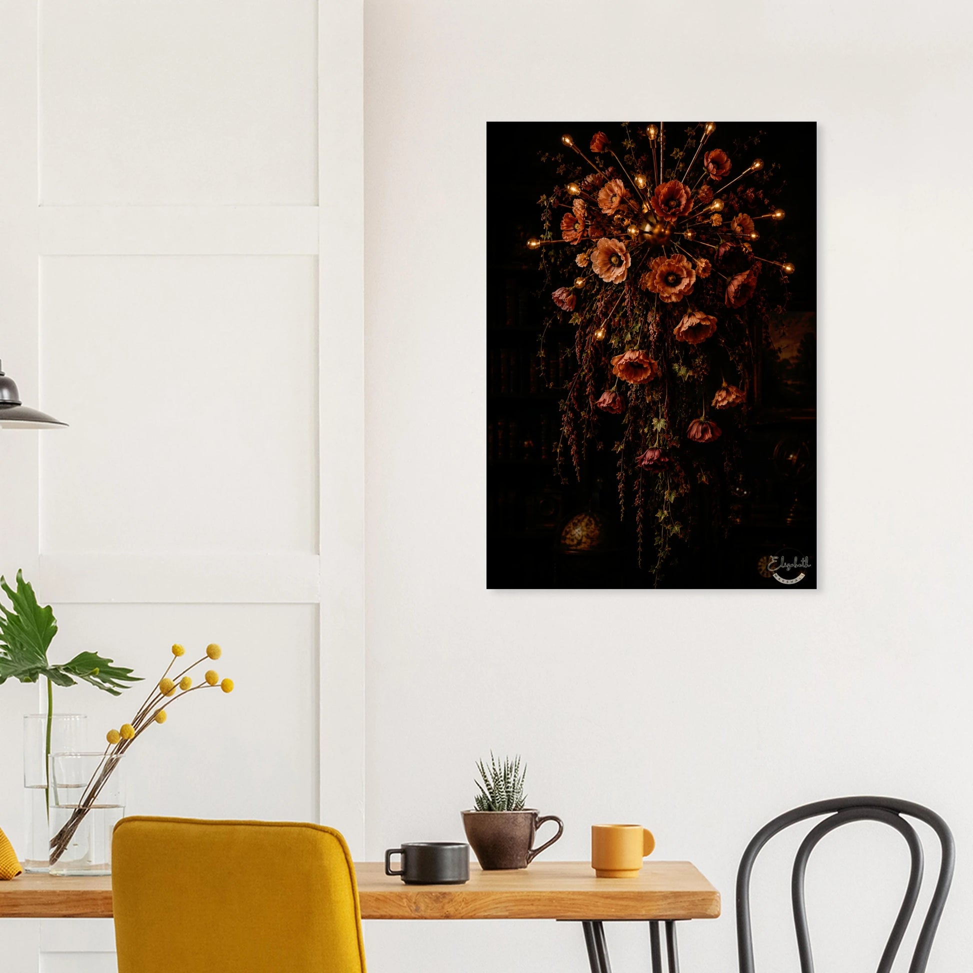 A dark, moody floral arrangement featuring large poppy-like flowers in muted red, pink, and orange tones with warm glowing lights along the stems, set against a very dark background. The artwork is presented as a vertical print with a white border and a small signature in the lower right corner.